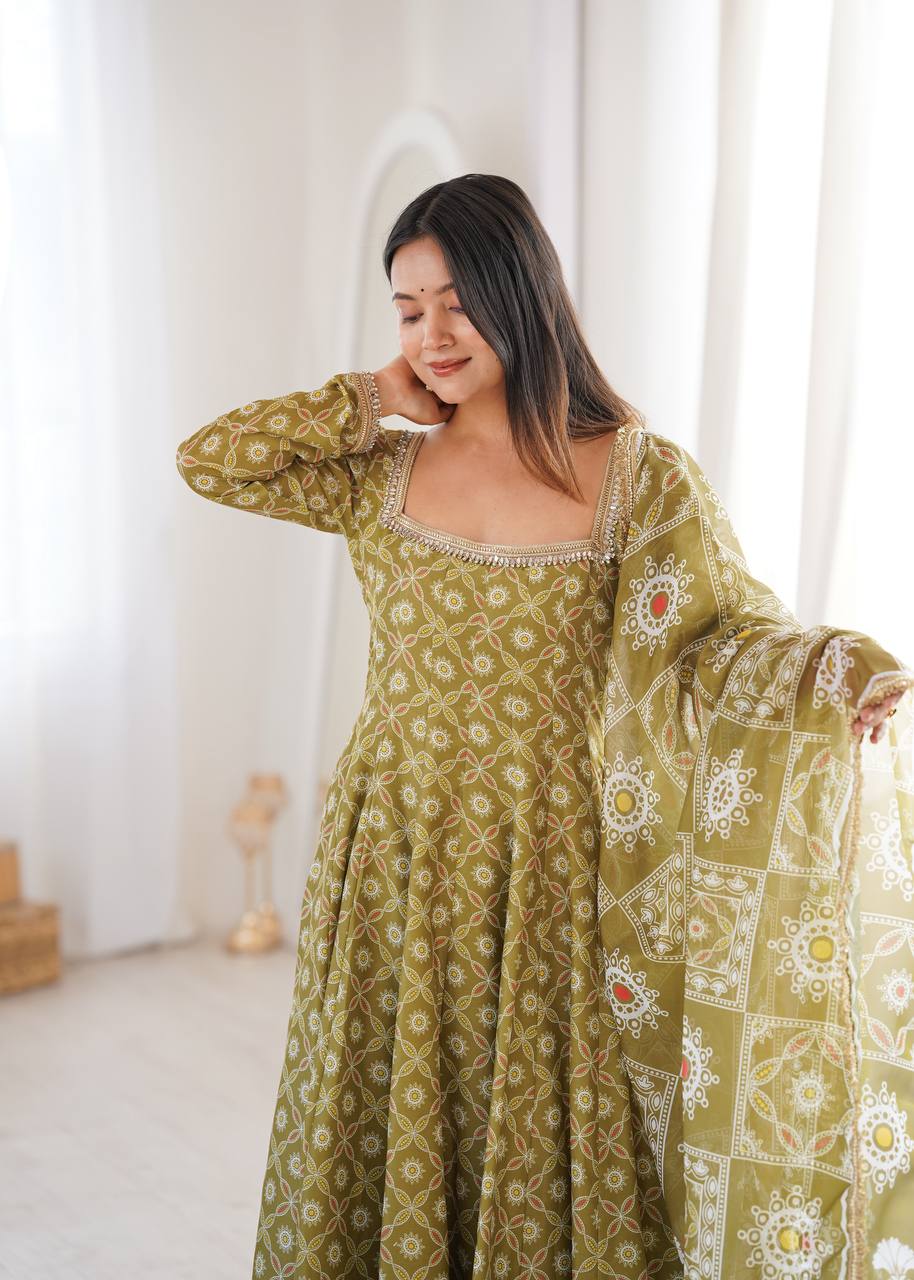 Printed Maslin Gown with Mirror Lace Work and Organza Dupatta