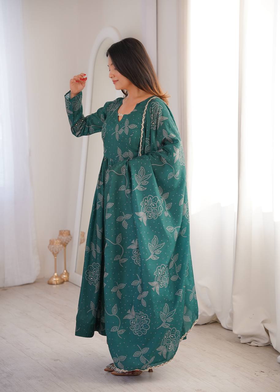 Printed Maslin Gown with Pant and Dupatta