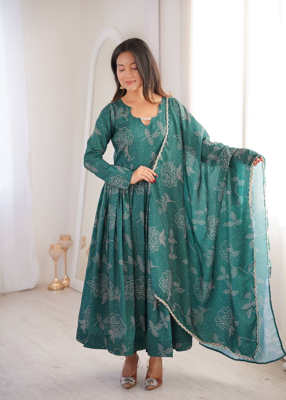 Printed Maslin Gown with Pant and Dupatta