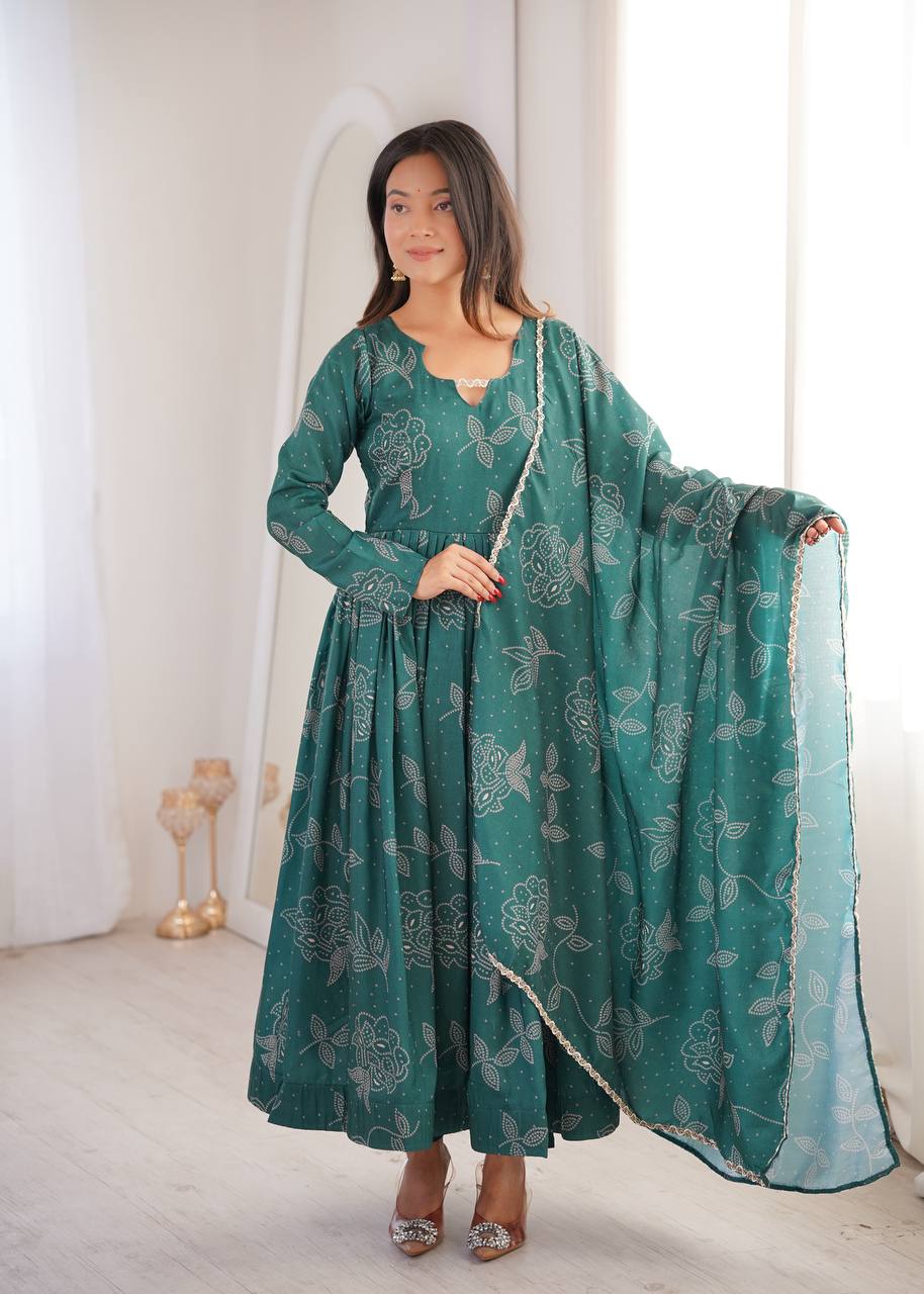 Printed Maslin Gown with Pant and Dupatta