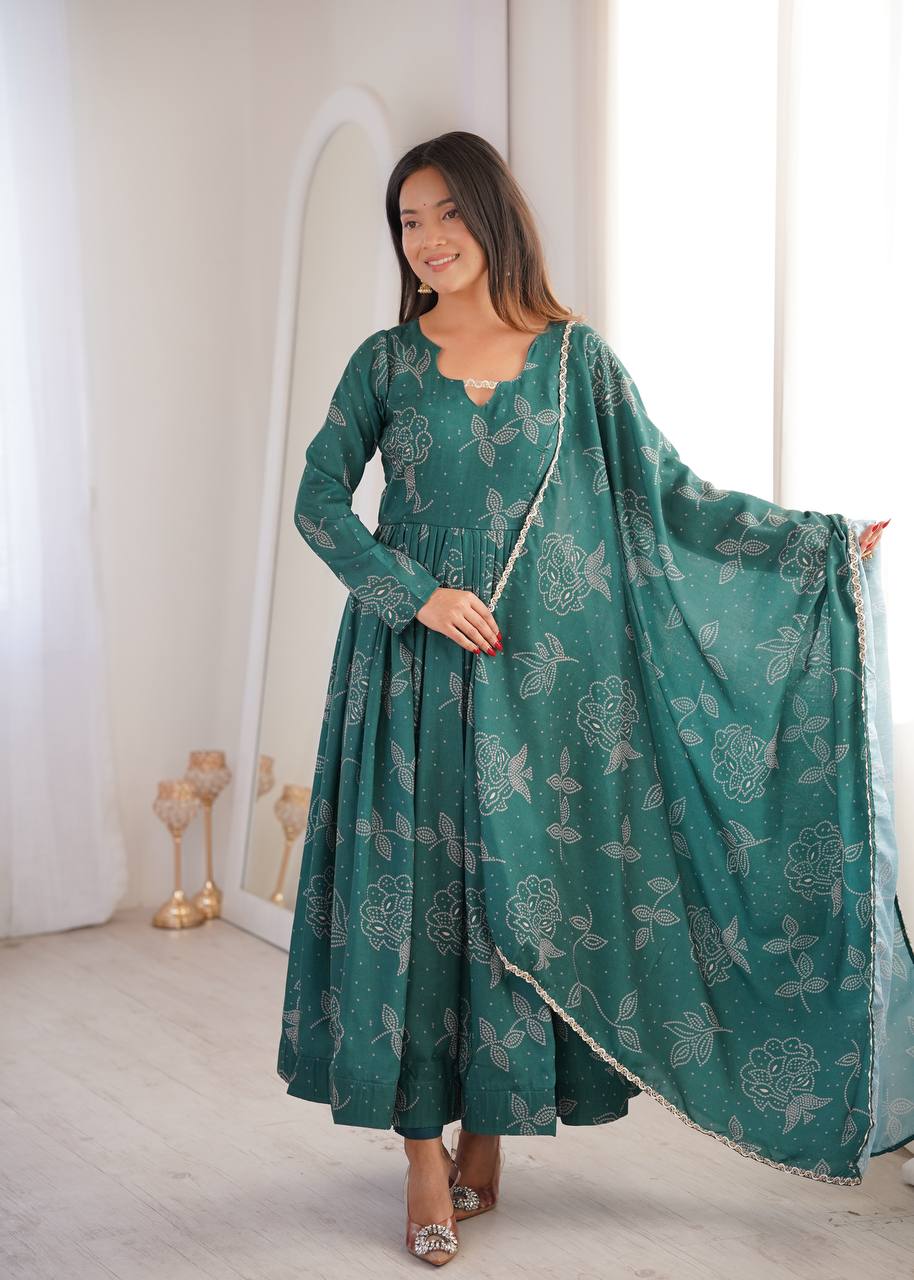 Printed Maslin Gown with Pant and Dupatta