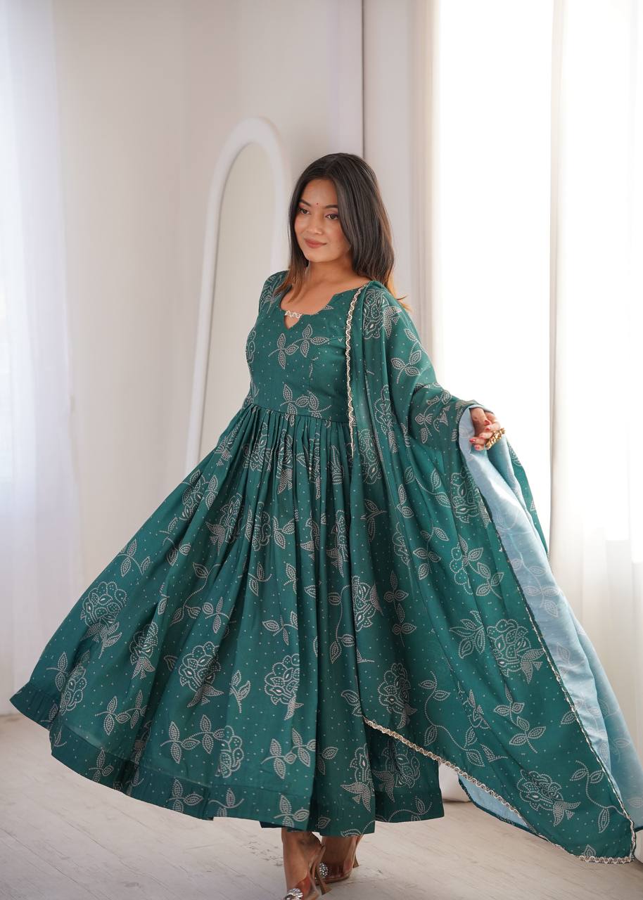 Printed Maslin Gown with Pant and Dupatta
