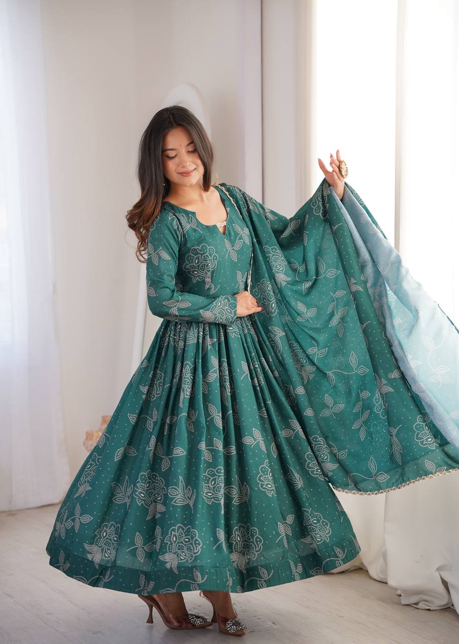Printed Maslin Gown with Pant and Dupatta