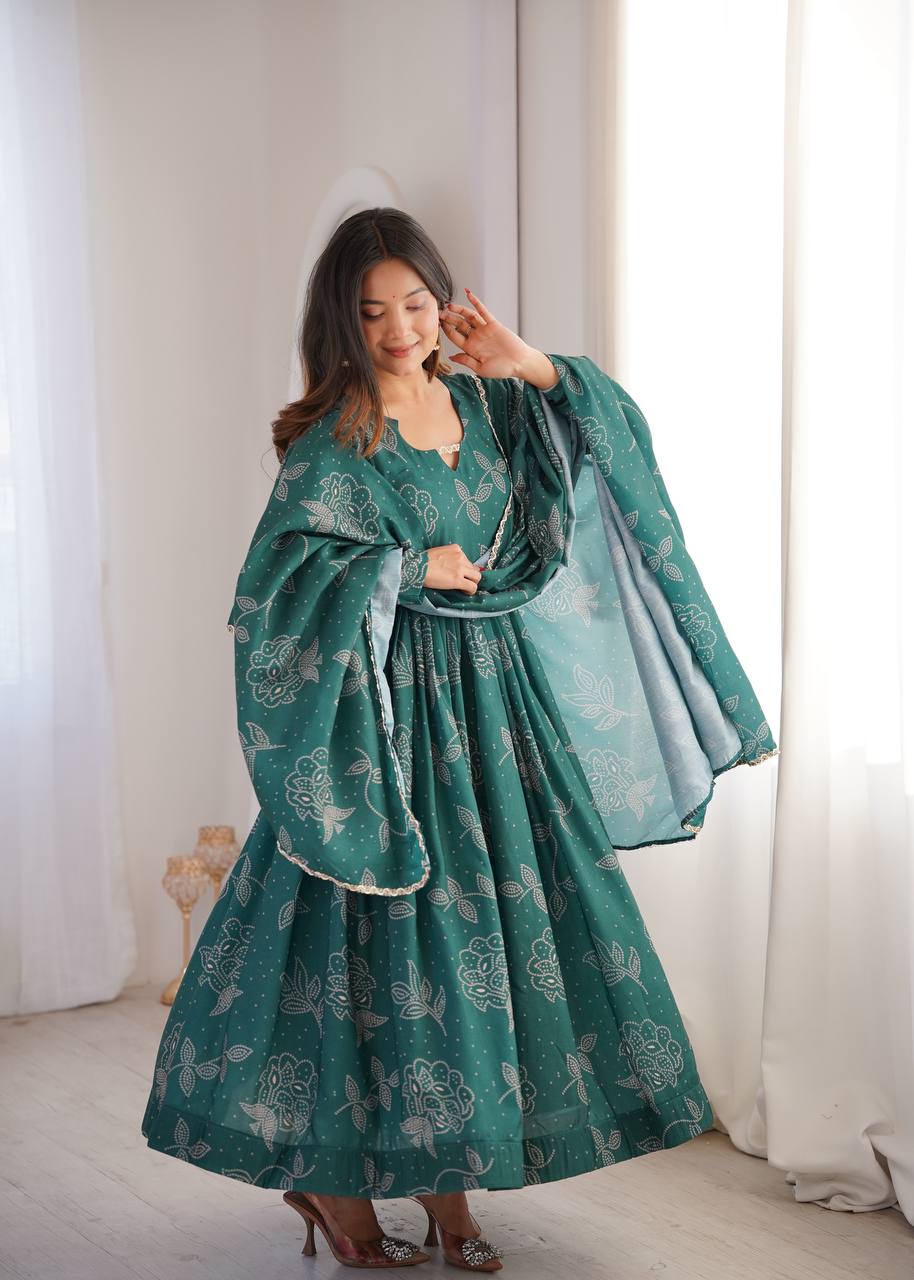Printed Maslin Gown with Pant and Dupatta