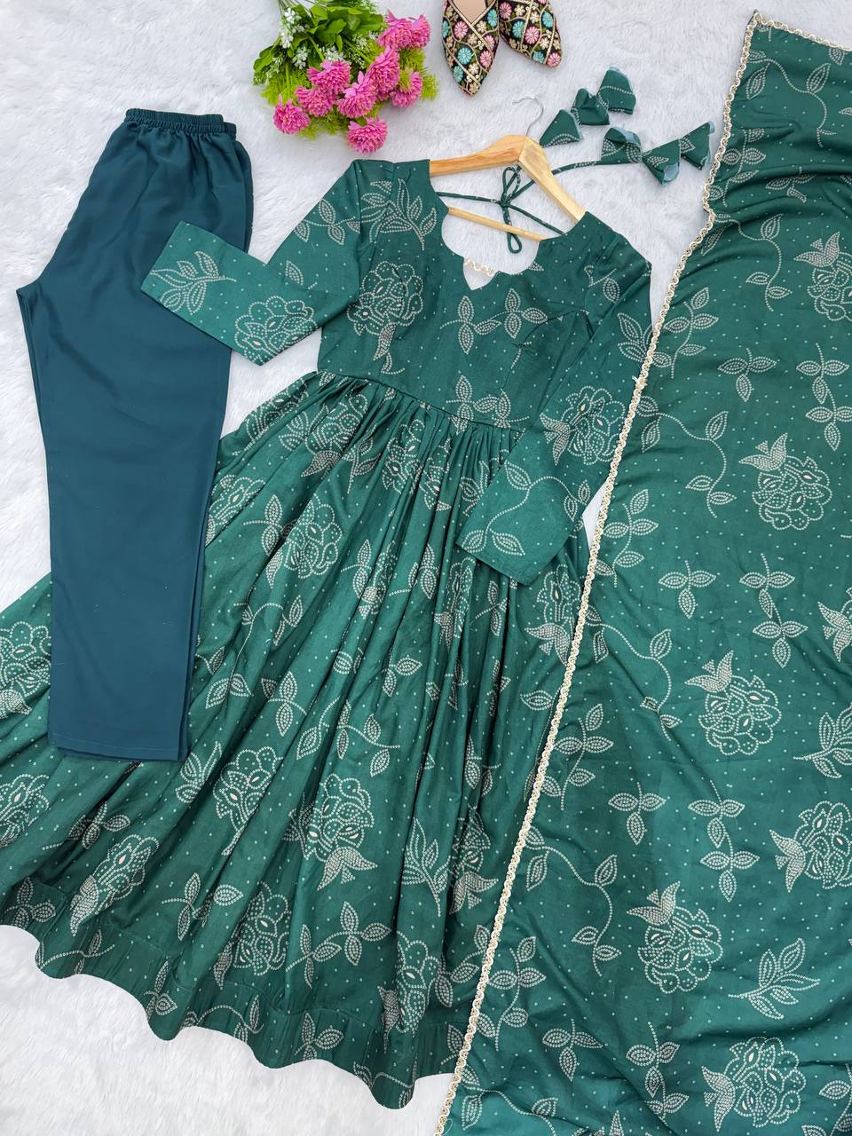Printed Maslin Gown with Pant and Dupatta