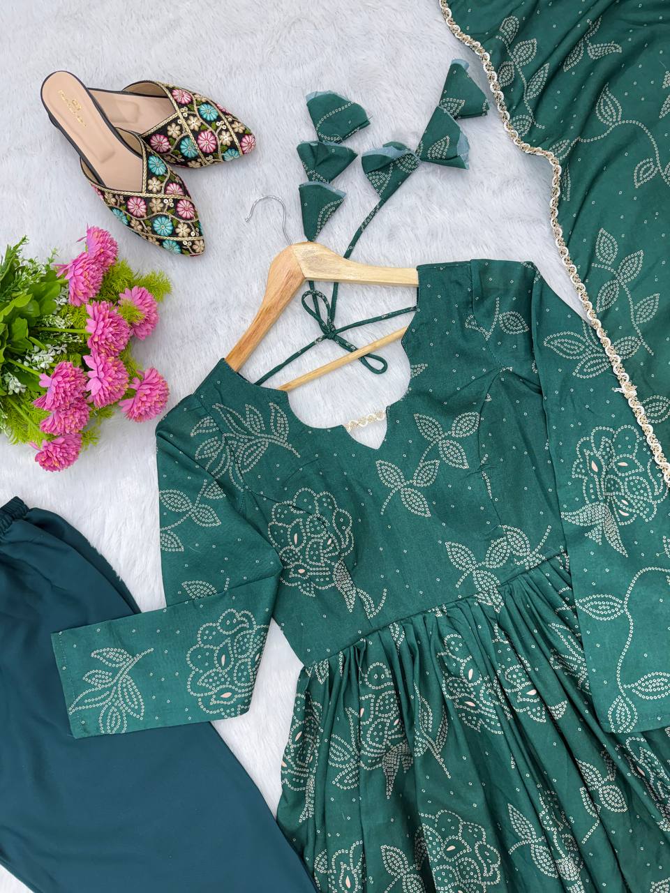 Printed Maslin Gown with Pant and Dupatta