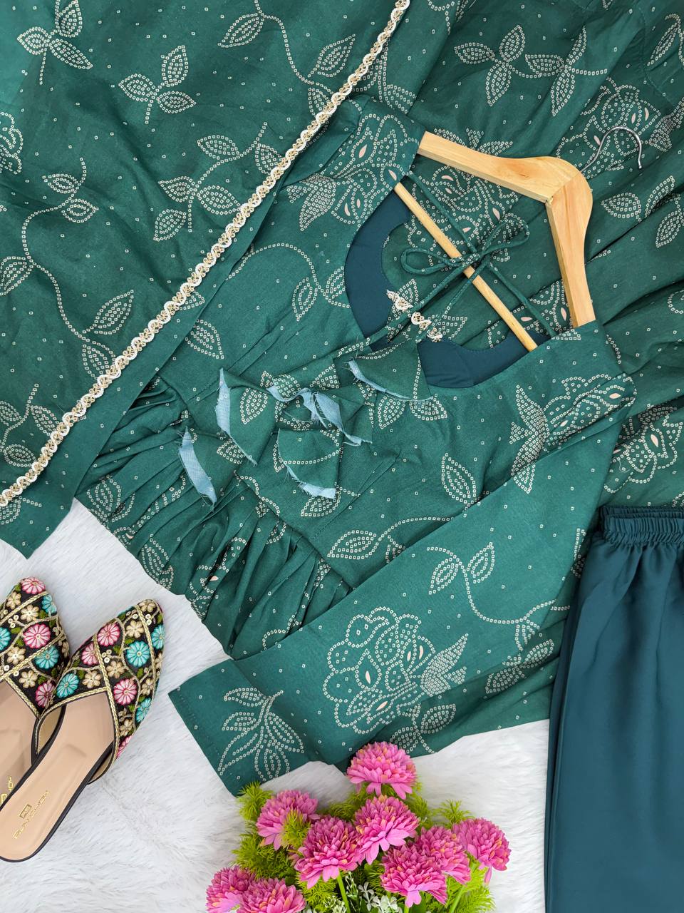 Printed Maslin Gown with Pant and Dupatta