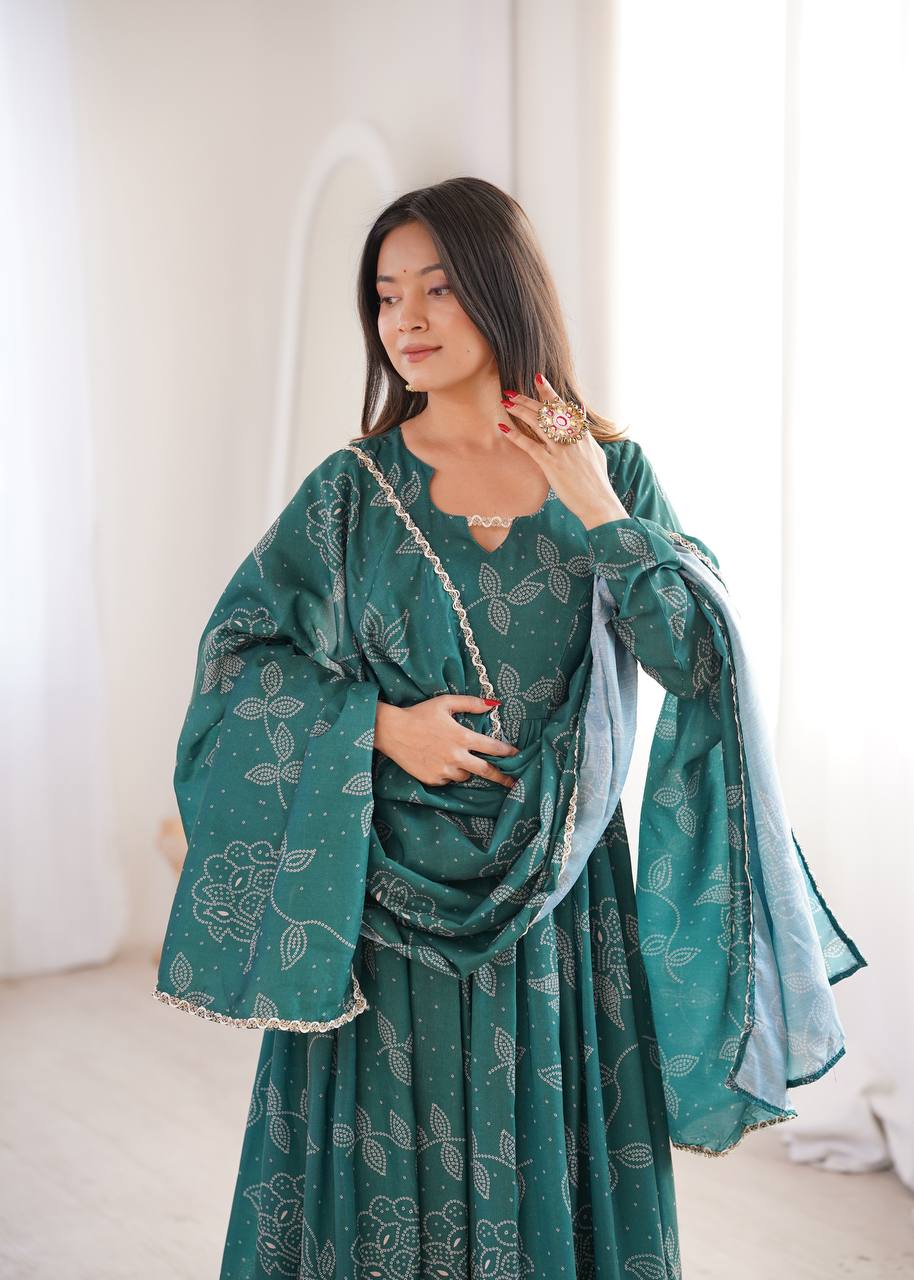 Printed Maslin Gown with Pant and Dupatta