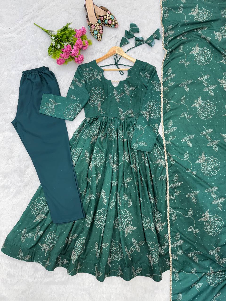 Printed Maslin Gown with Pant and Dupatta