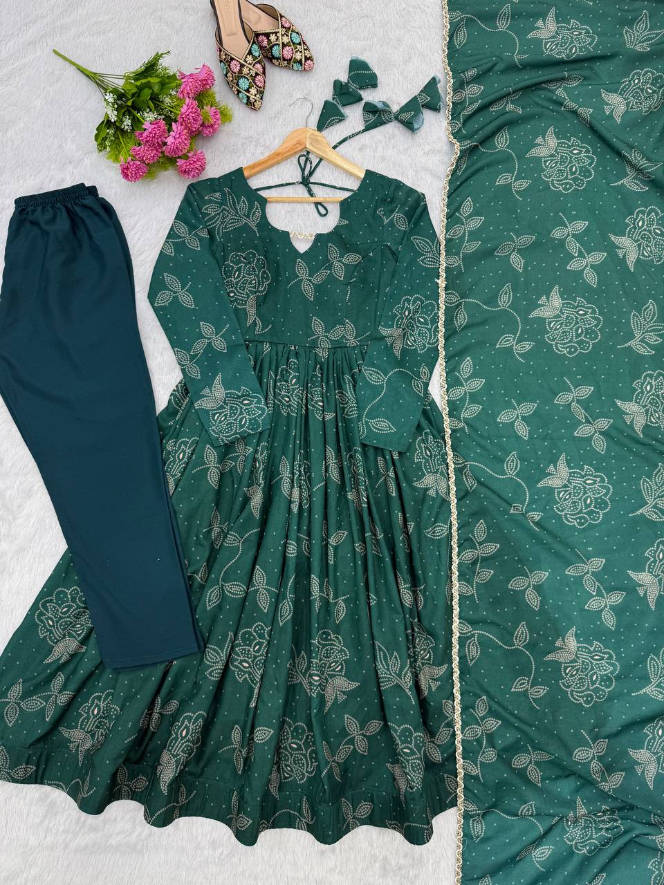 Printed Maslin Gown with Pant and Dupatta