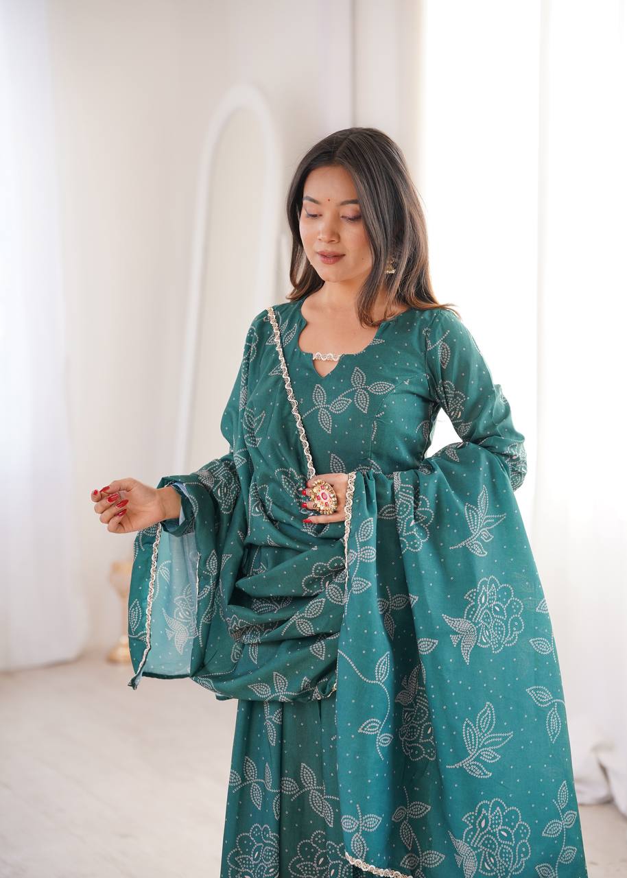 Printed Maslin Gown with Pant and Dupatta