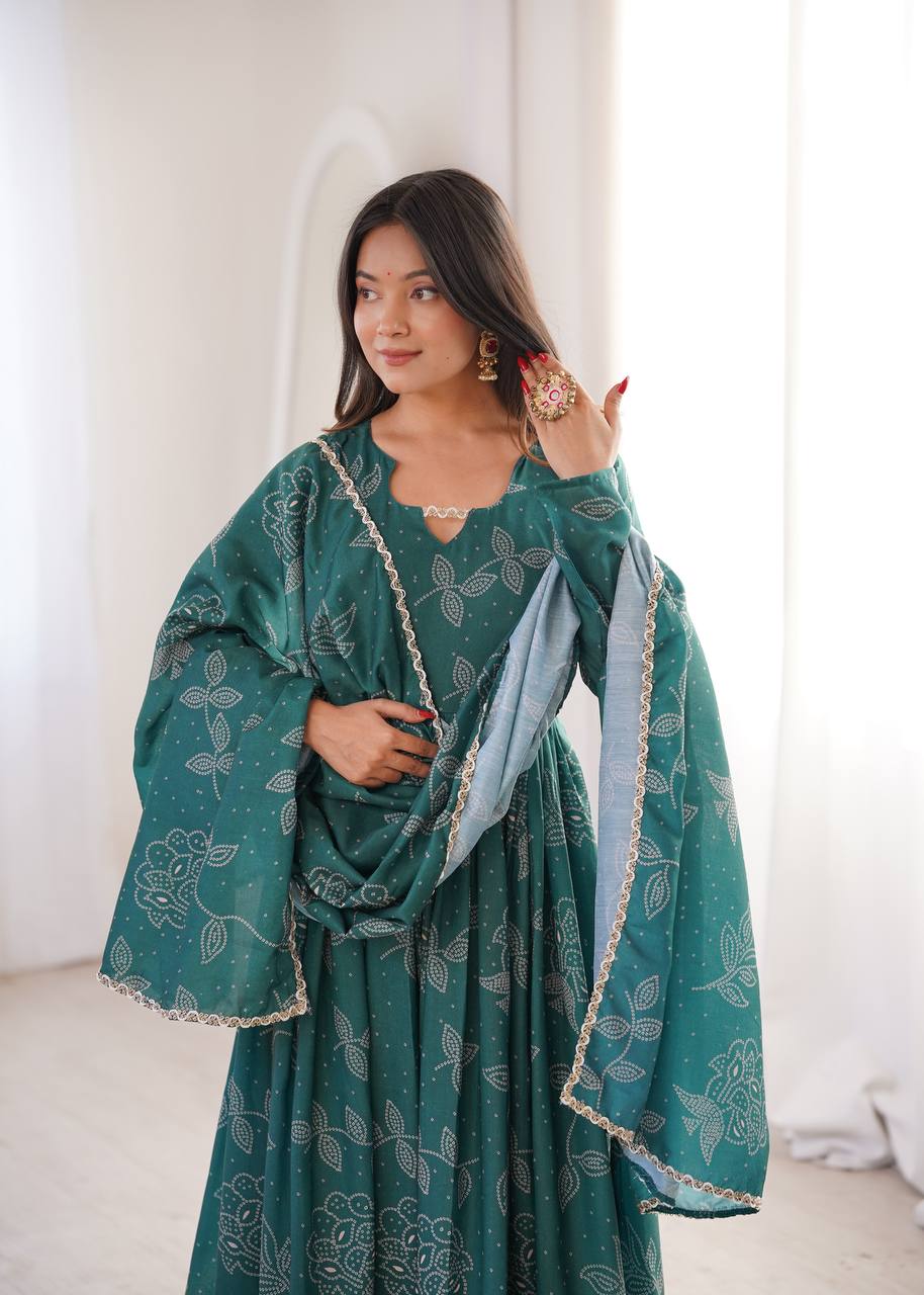 Printed Maslin Gown with Pant and Dupatta