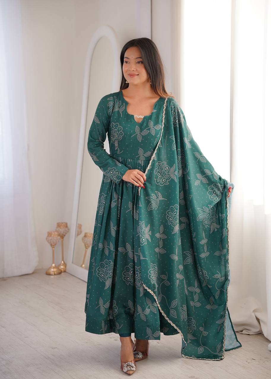 Printed Maslin Gown with Pant and Dupatta