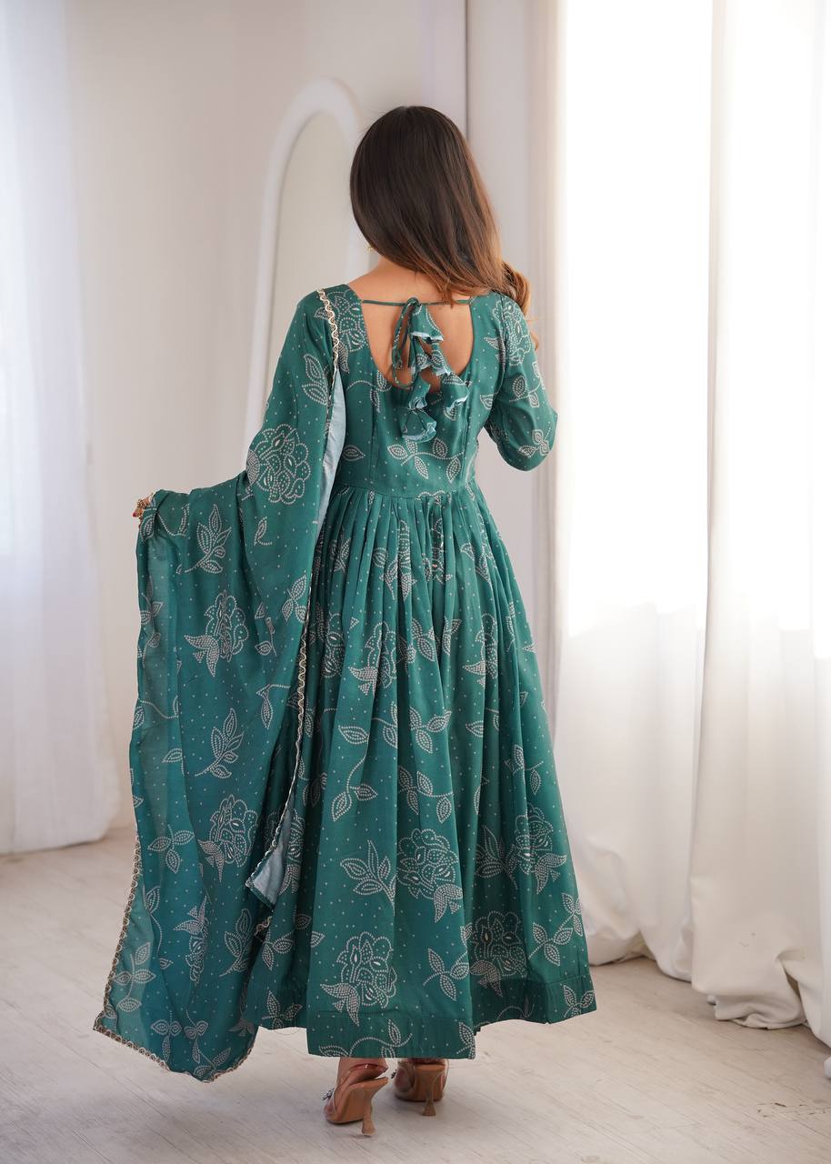 Printed Maslin Gown with Pant and Dupatta