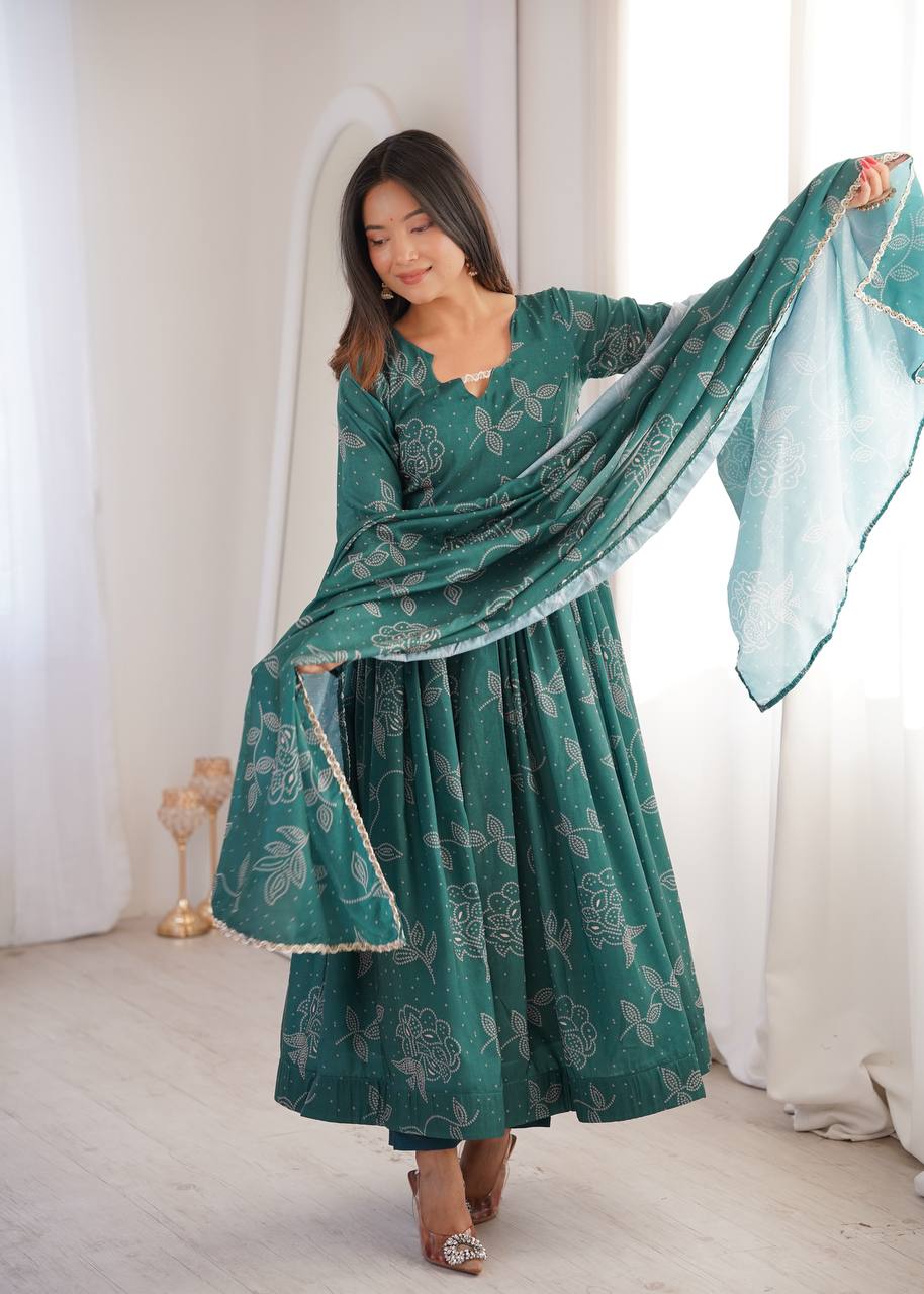 Printed Maslin Gown with Pant and Dupatta