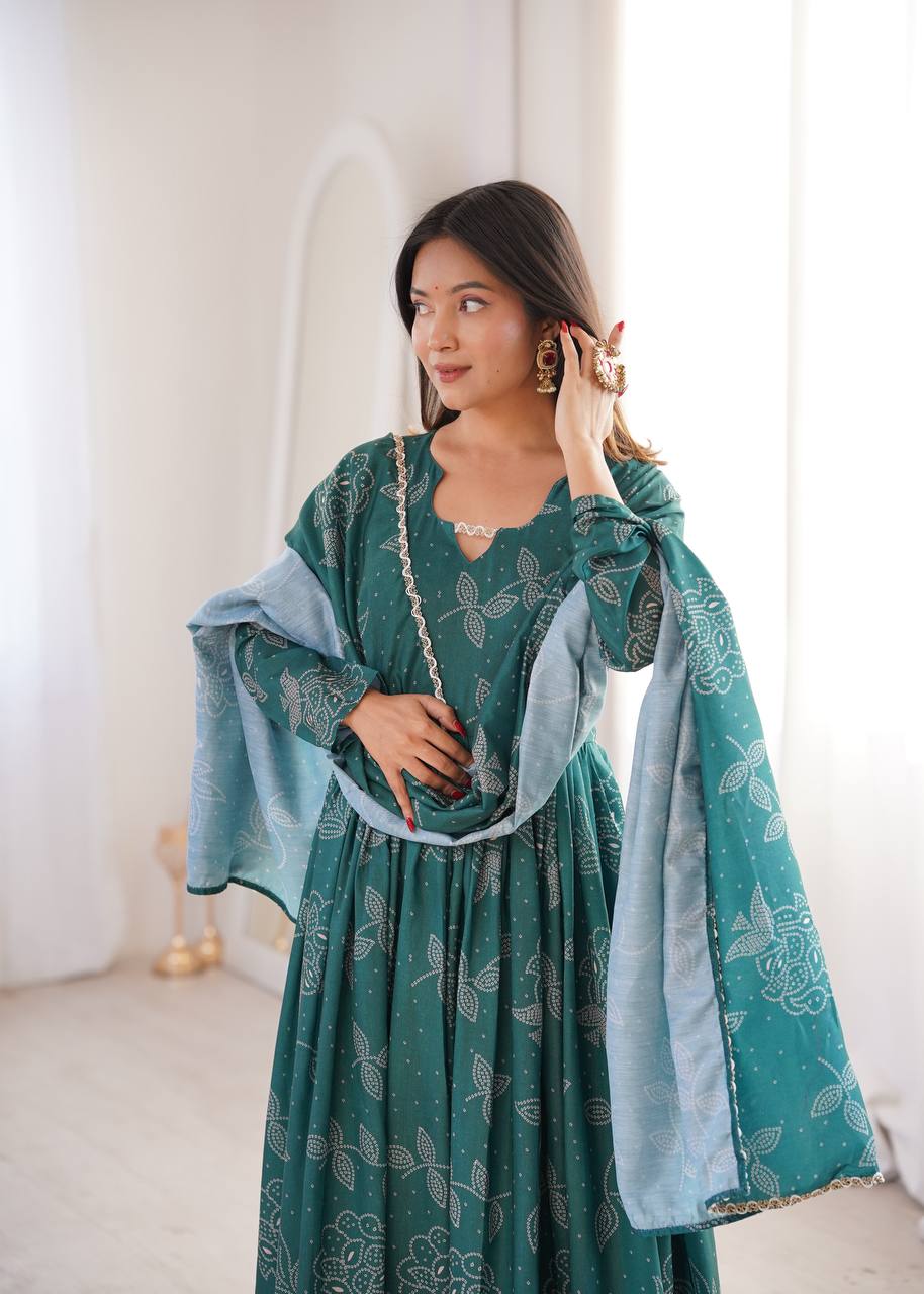 Printed Maslin Gown with Pant and Dupatta