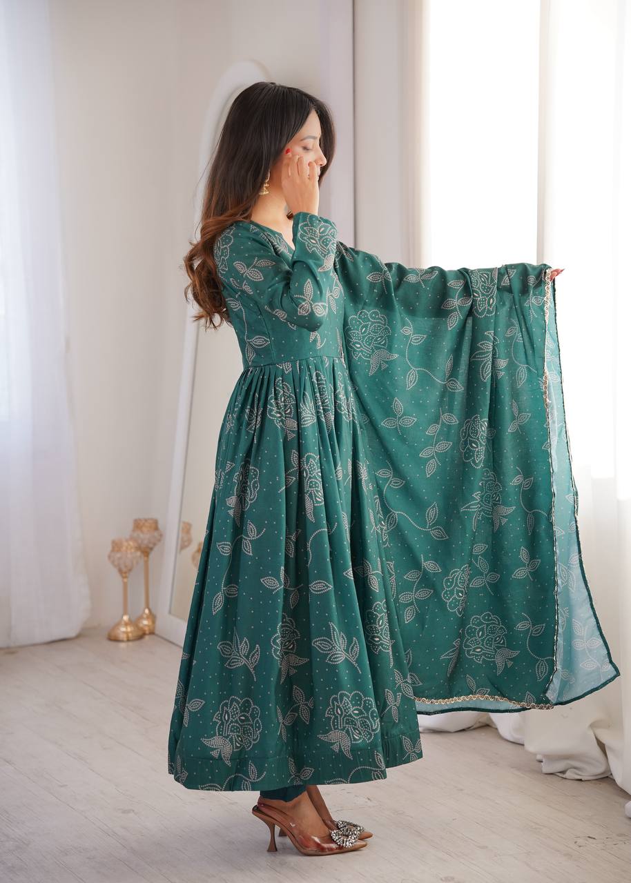 Printed Maslin Gown with Pant and Dupatta