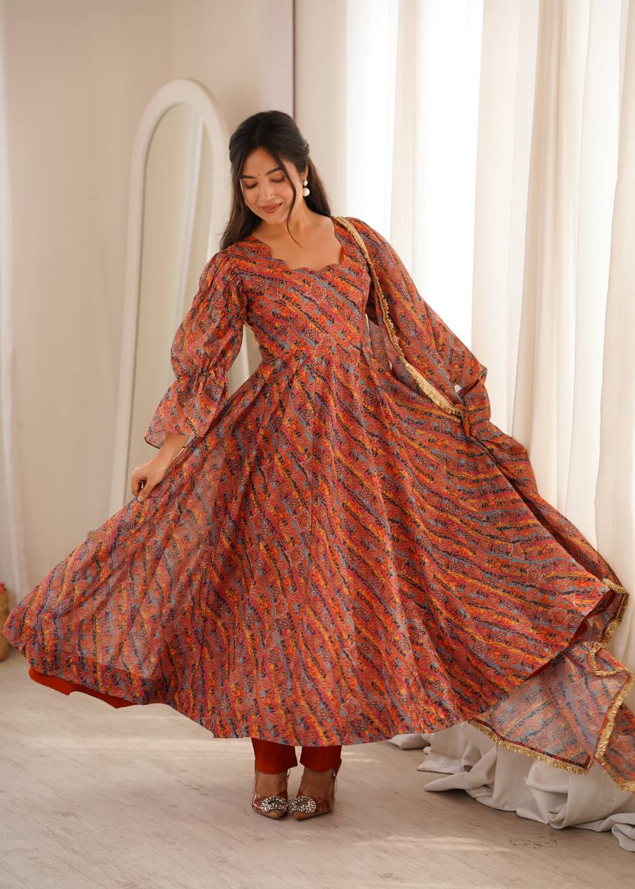 Printed Puff Sleeved Tebi Organza Gown with Pant and Dupatta