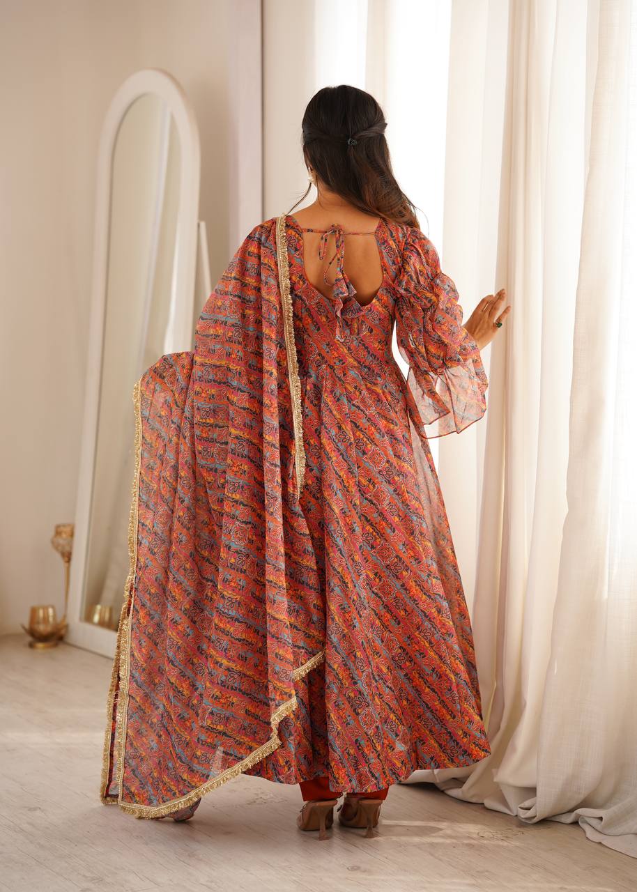 Printed Puff Sleeved Tebi Organza Gown with Pant and Dupatta