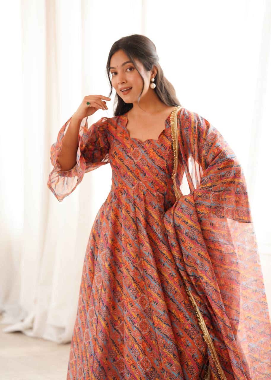 Printed Puff Sleeved Tebi Organza Gown with Pant and Dupatta