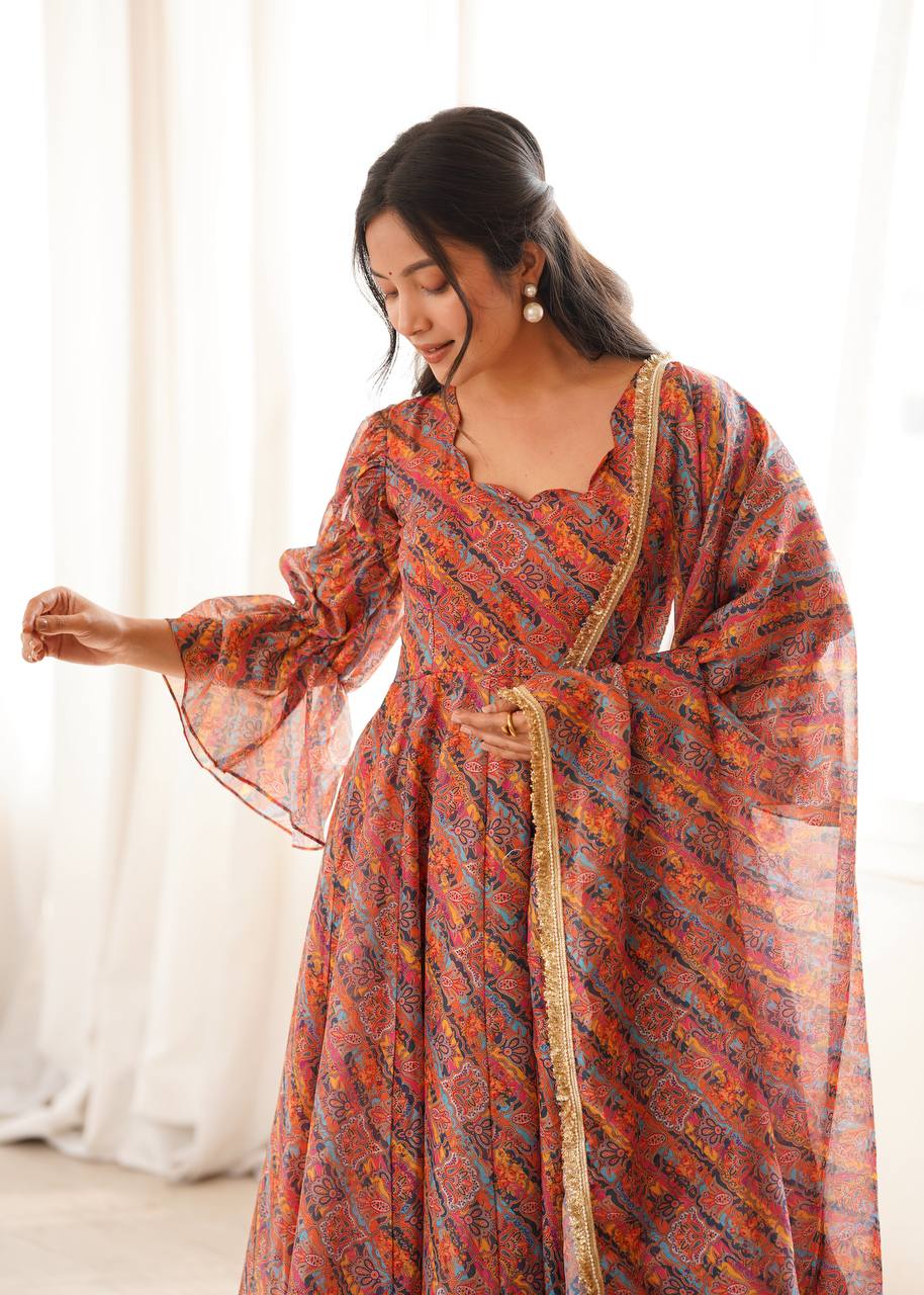 Printed Puff Sleeved Tebi Organza Gown with Pant and Dupatta