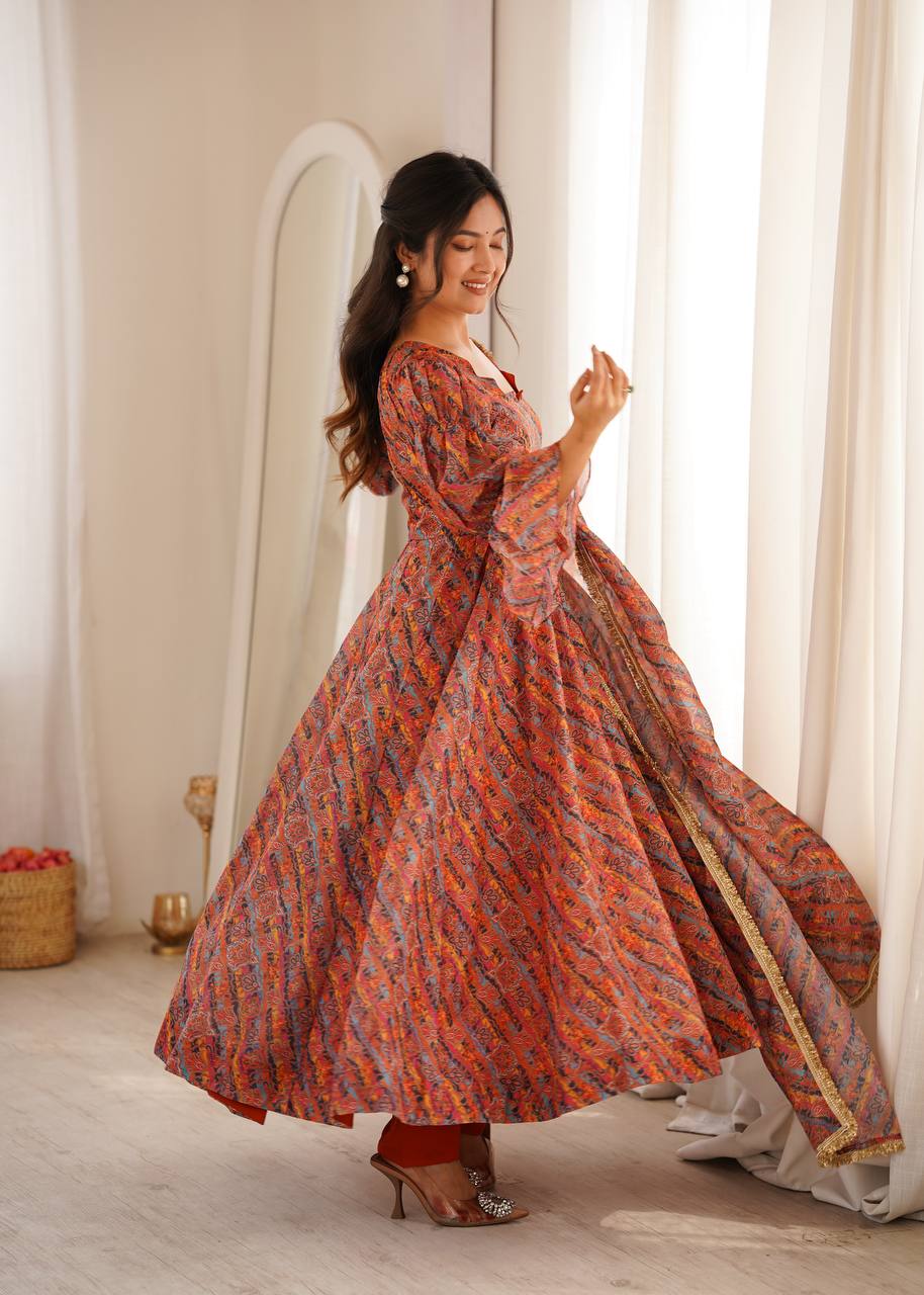 Printed Puff Sleeved Tebi Organza Gown with Pant and Dupatta