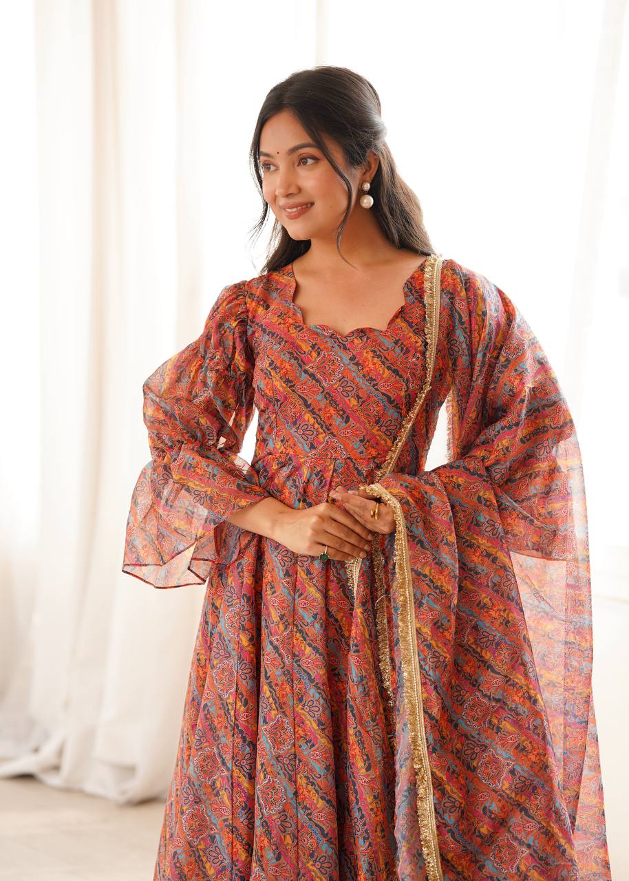 Printed Puff Sleeved Tebi Organza Gown with Pant and Dupatta