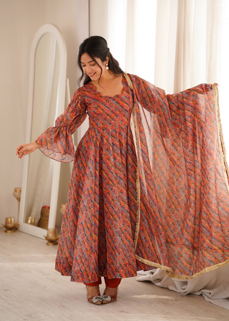 Printed Puff Sleeved Tebi Organza Gown with Pant and Dupatta