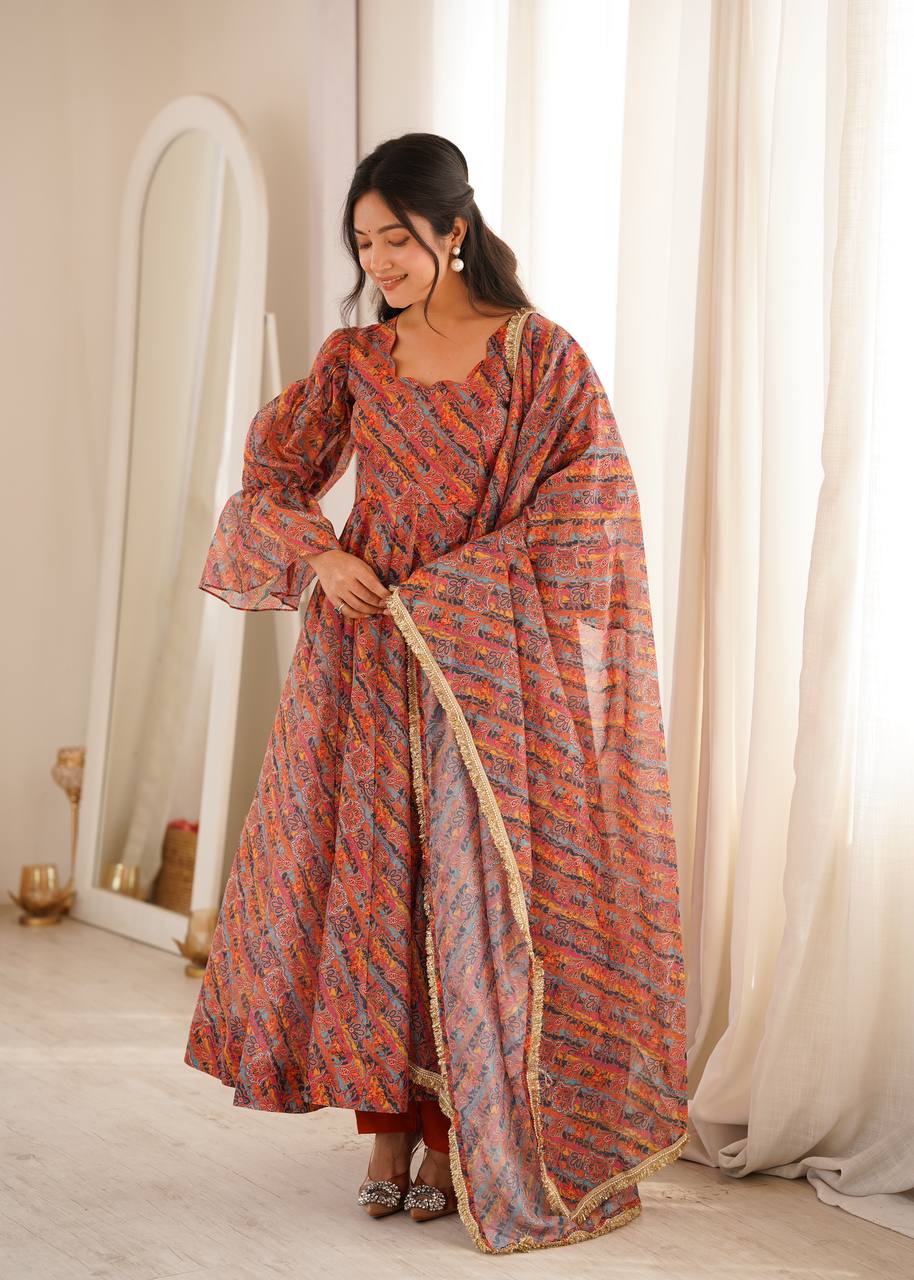 Printed Puff Sleeved Tebi Organza Gown with Pant and Dupatta