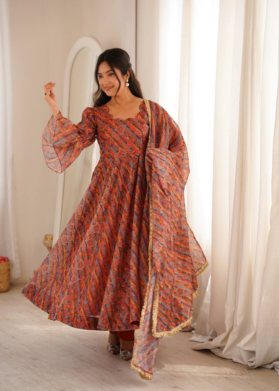 Printed Puff Sleeved Tebi Organza Gown with Pant and Dupatta