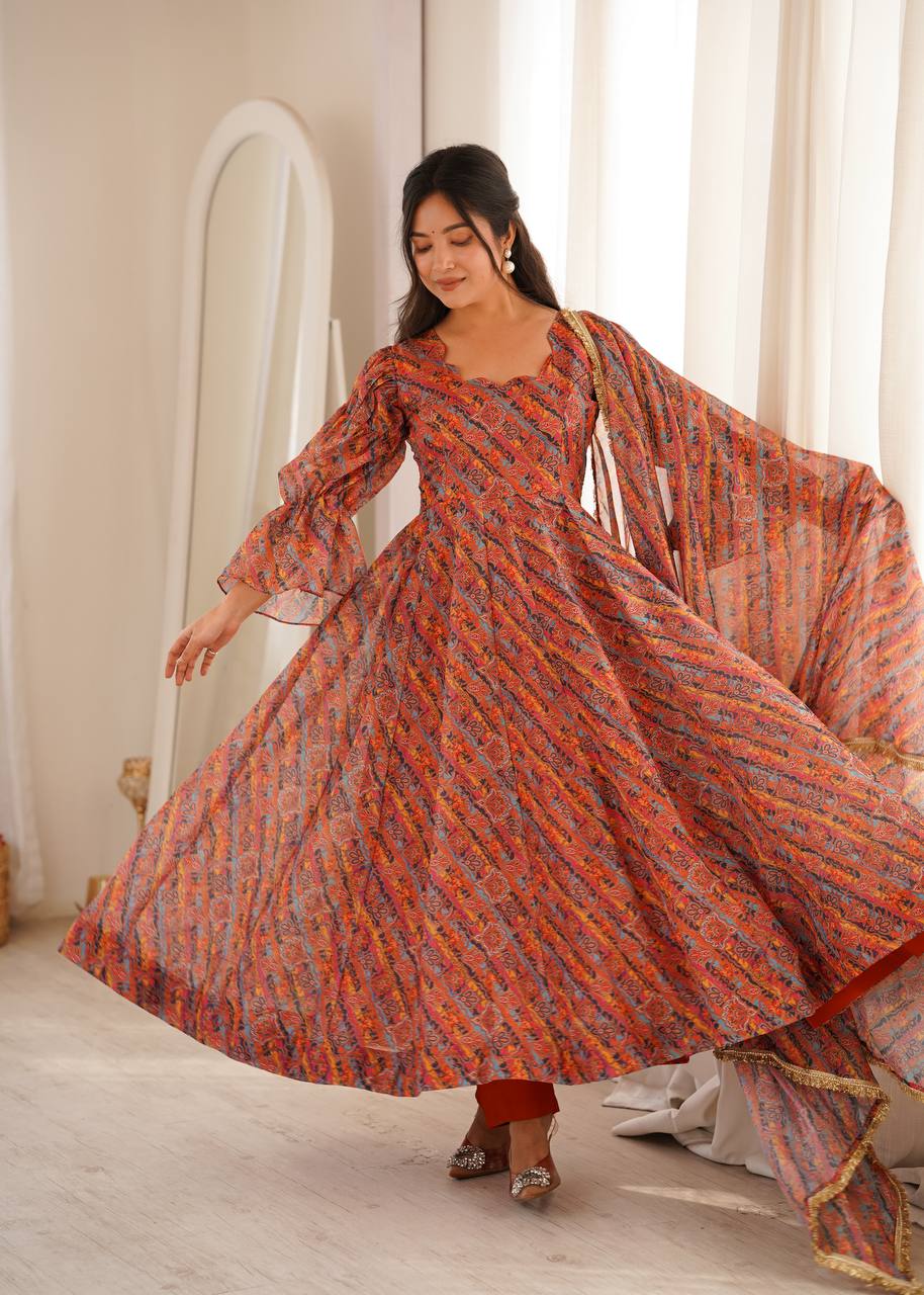 Printed Puff Sleeved Tebi Organza Gown with Pant and Dupatta