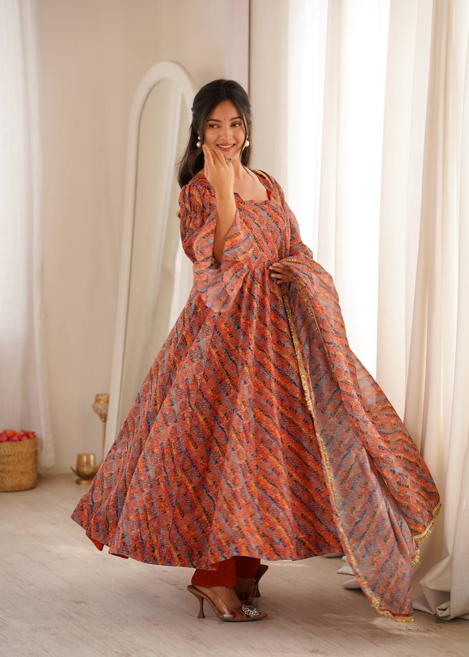 Printed Puff Sleeved Tebi Organza Gown with Pant and Dupatta
