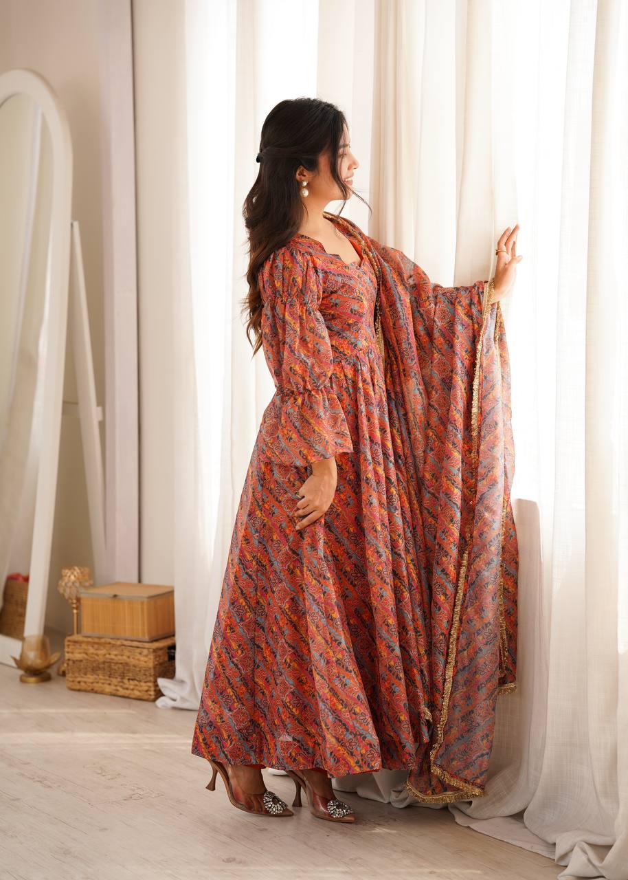 Printed Puff Sleeved Tebi Organza Gown with Pant and Dupatta