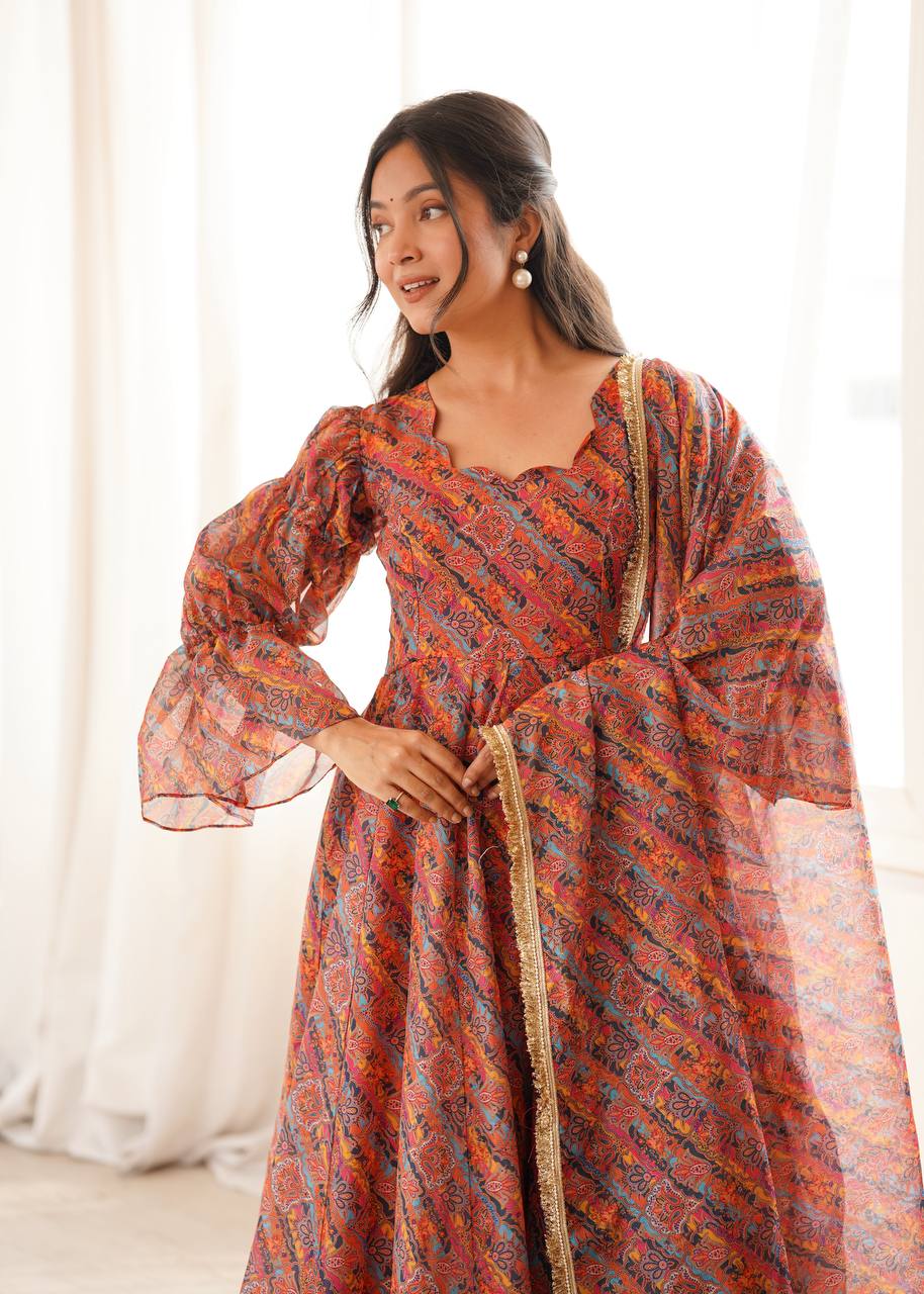 Printed Puff Sleeved Tebi Organza Gown with Pant and Dupatta