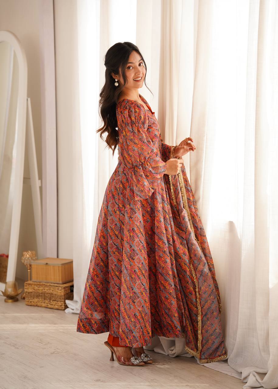 Printed Puff Sleeved Tebi Organza Gown with Pant and Dupatta