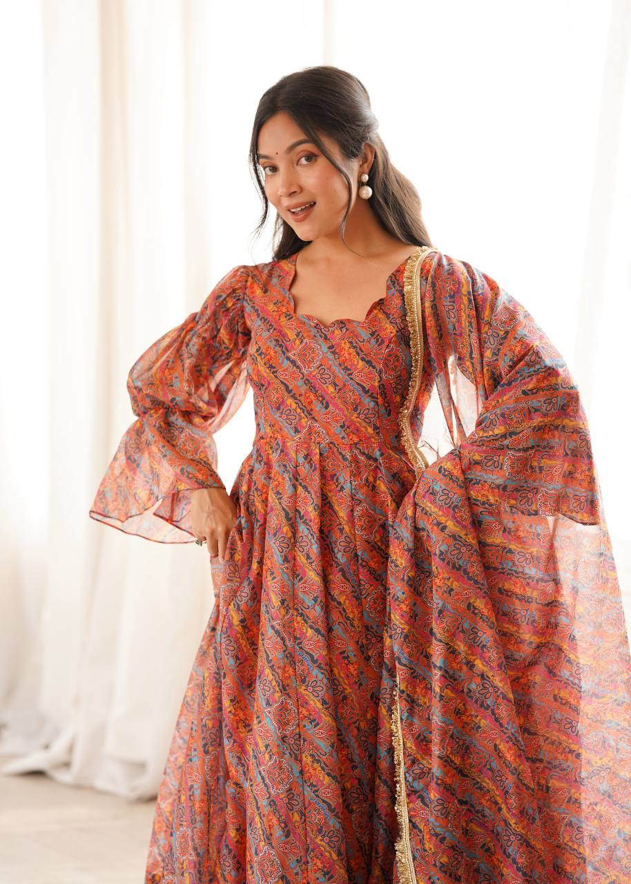 Printed Puff Sleeved Tebi Organza Gown with Pant and Dupatta