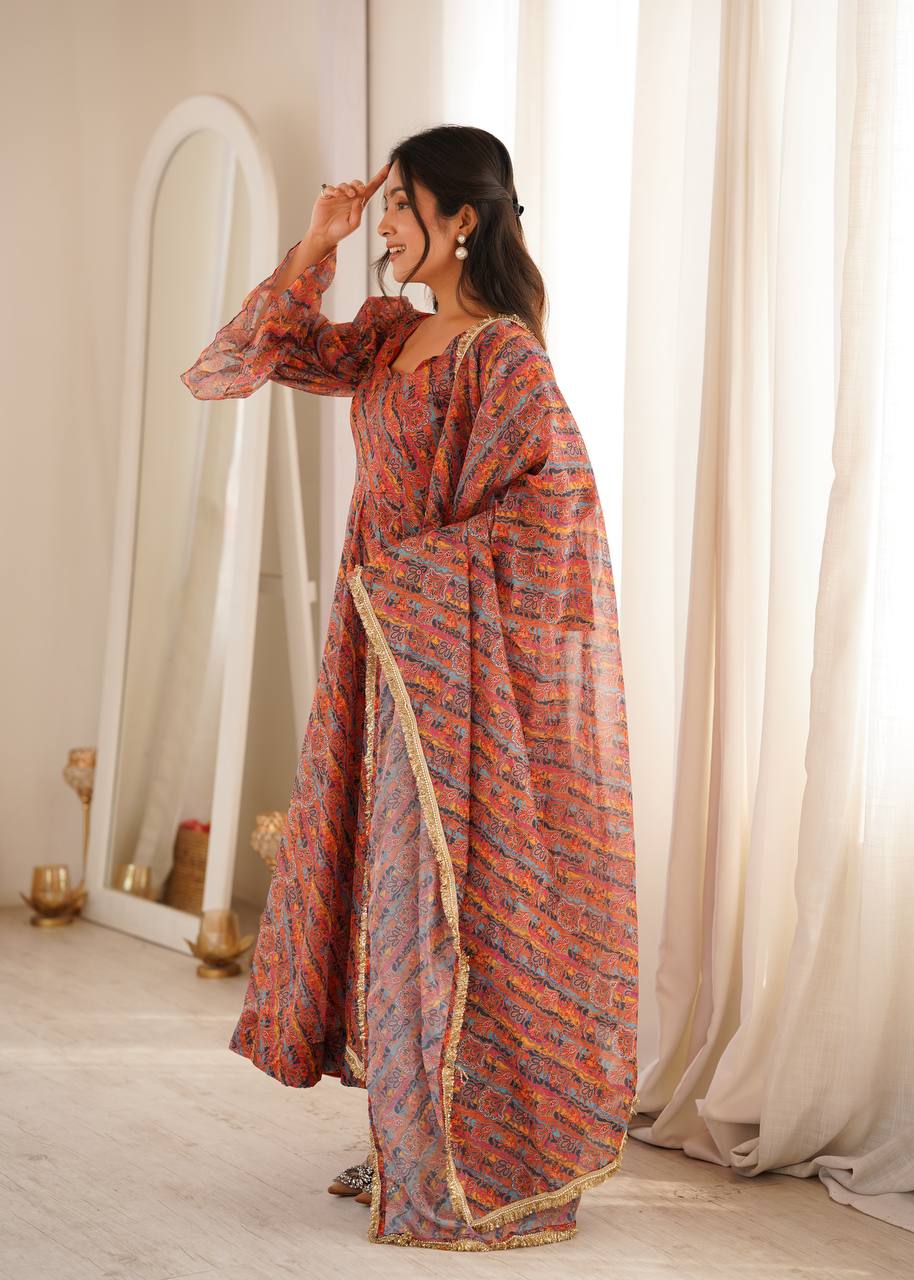 Printed Puff Sleeved Tebi Organza Gown with Pant and Dupatta