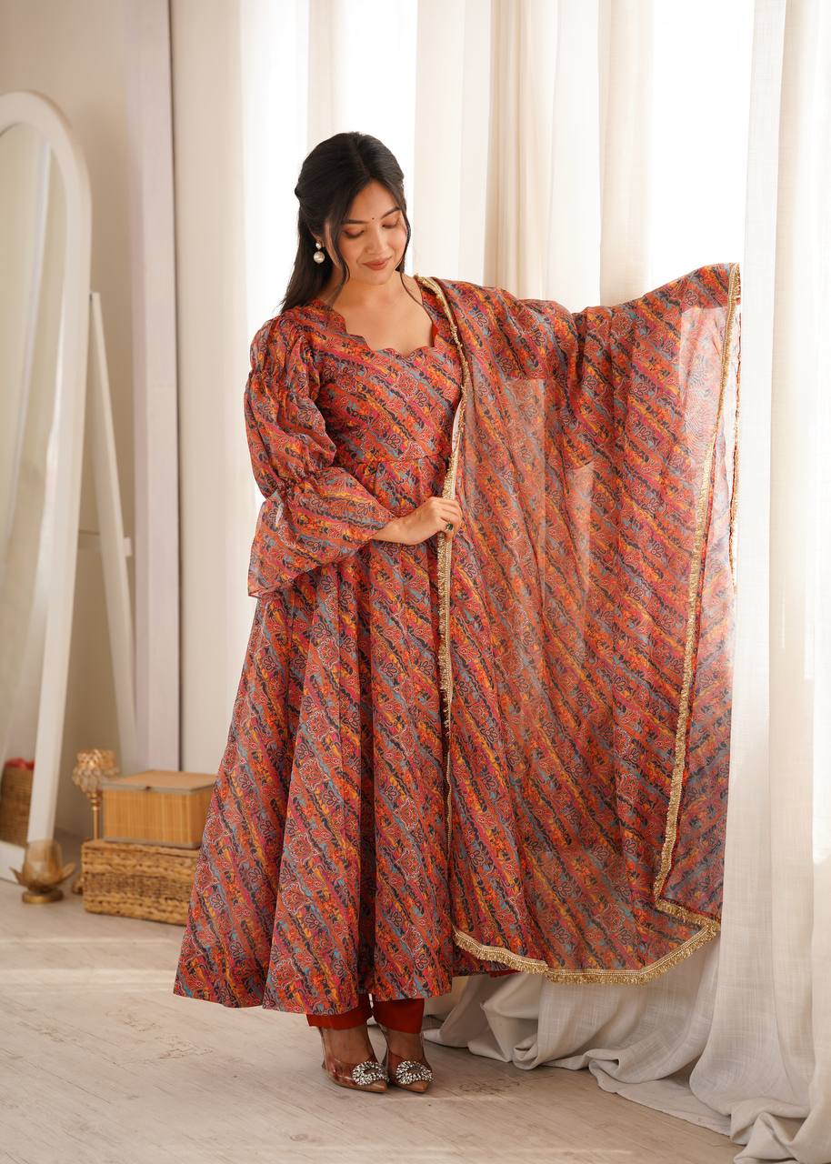 Printed Puff Sleeved Tebi Organza Gown with Pant and Dupatta