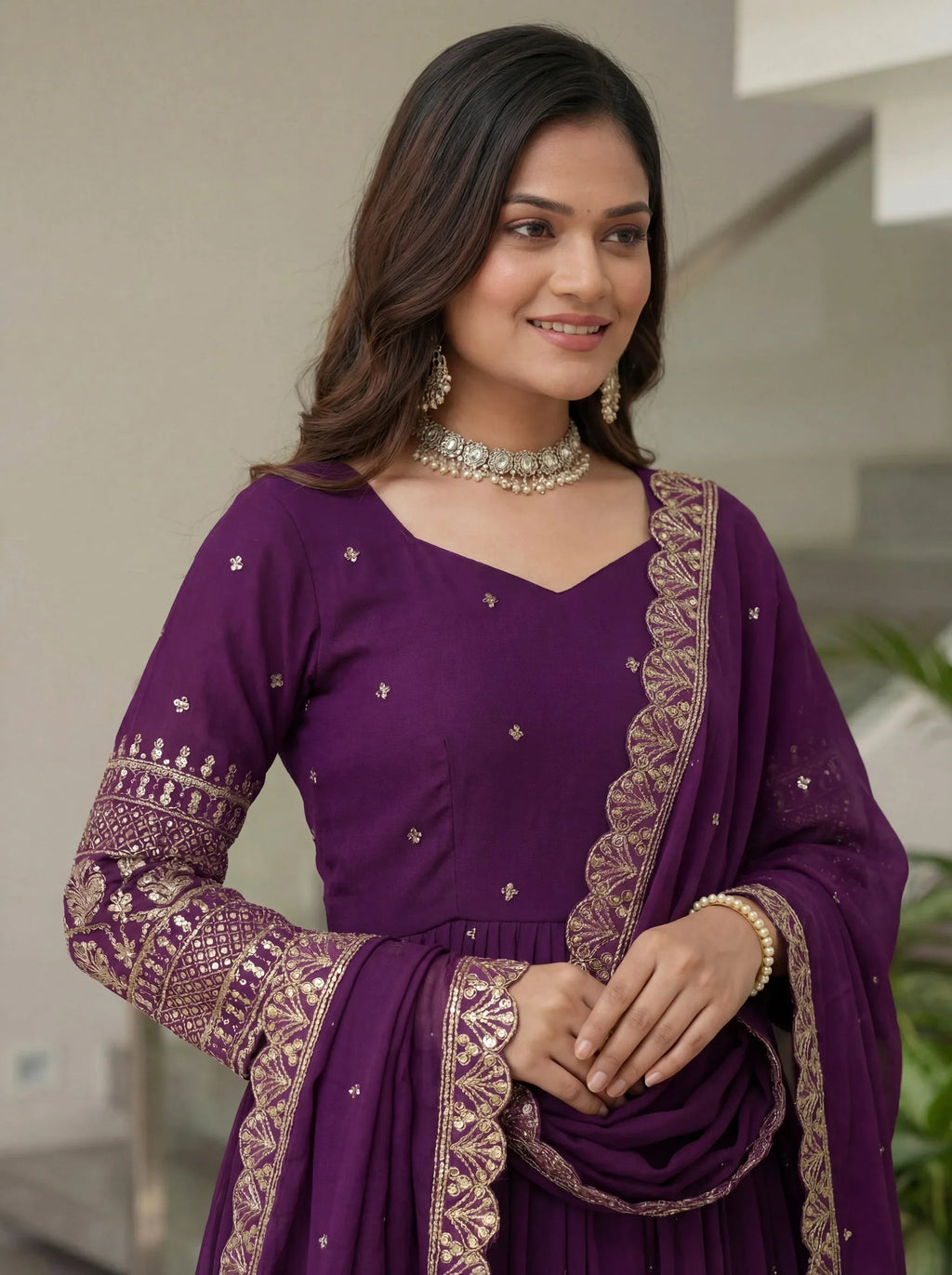 Purple Impressive Embroidered Silk Festive Wear Gown With Dupatta