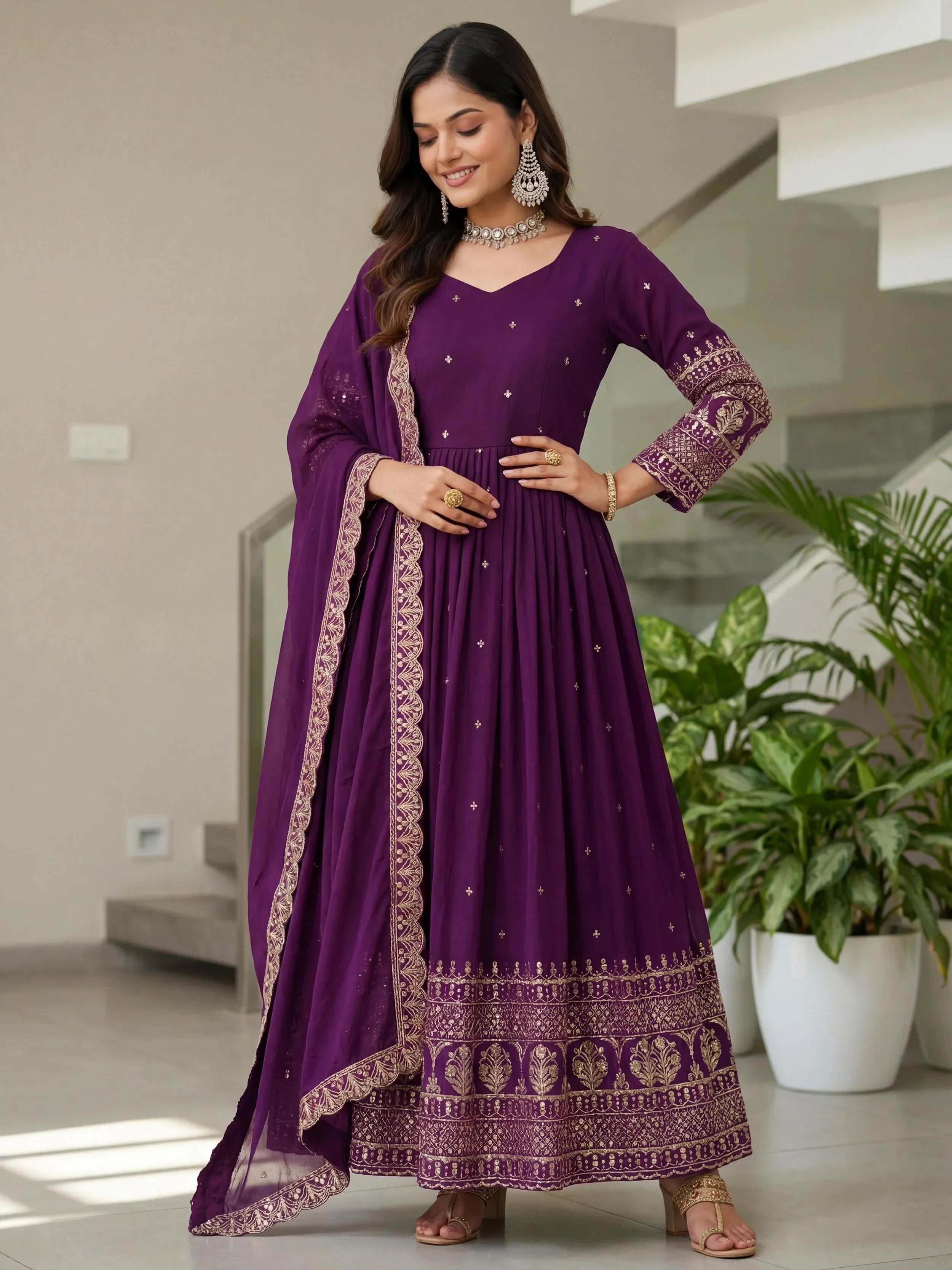 Purple Impressive Embroidered Silk Festive Wear Gown With Dupatta