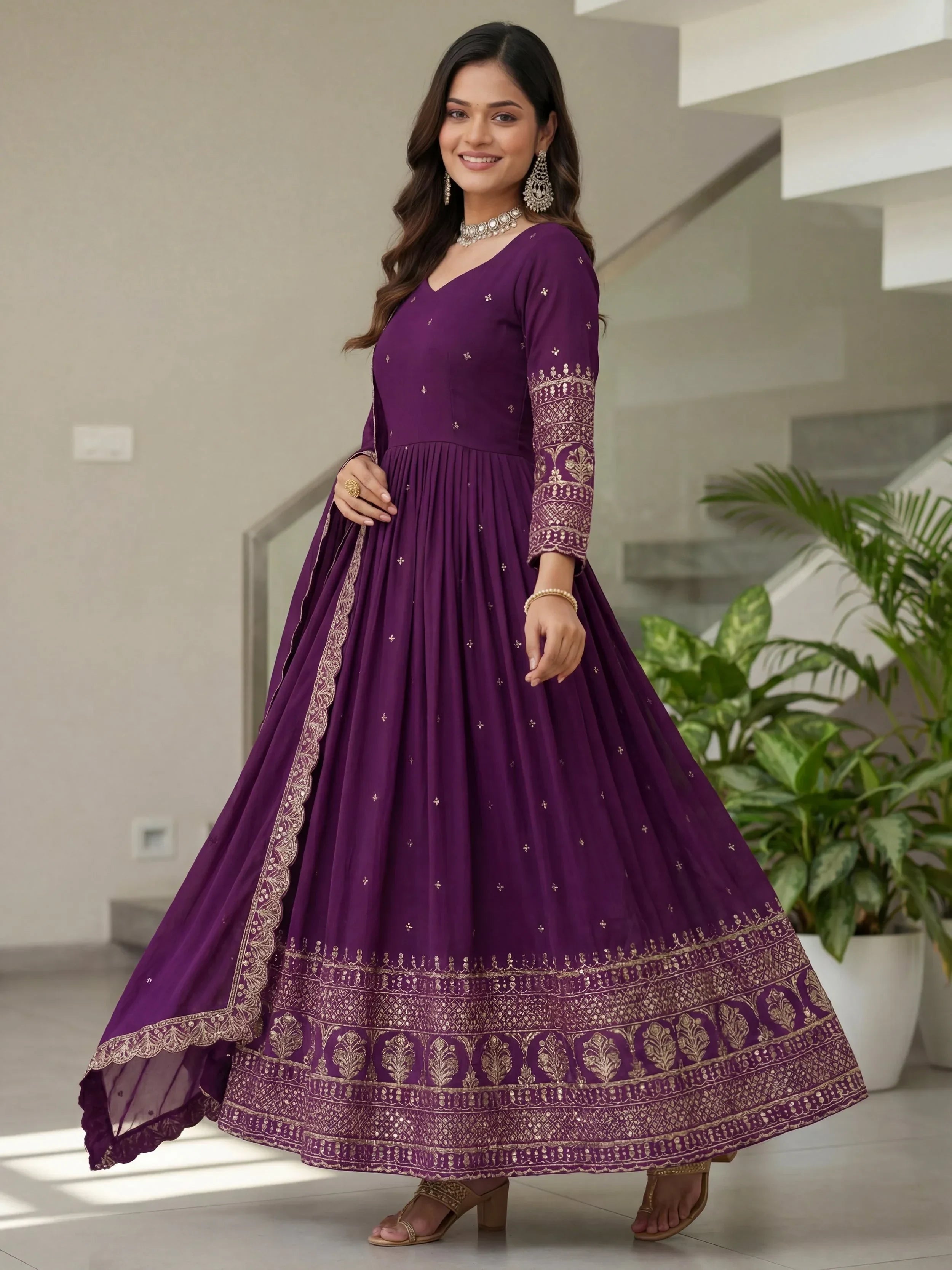 Purple Impressive Embroidered Silk Festive Wear Gown With Dupatta