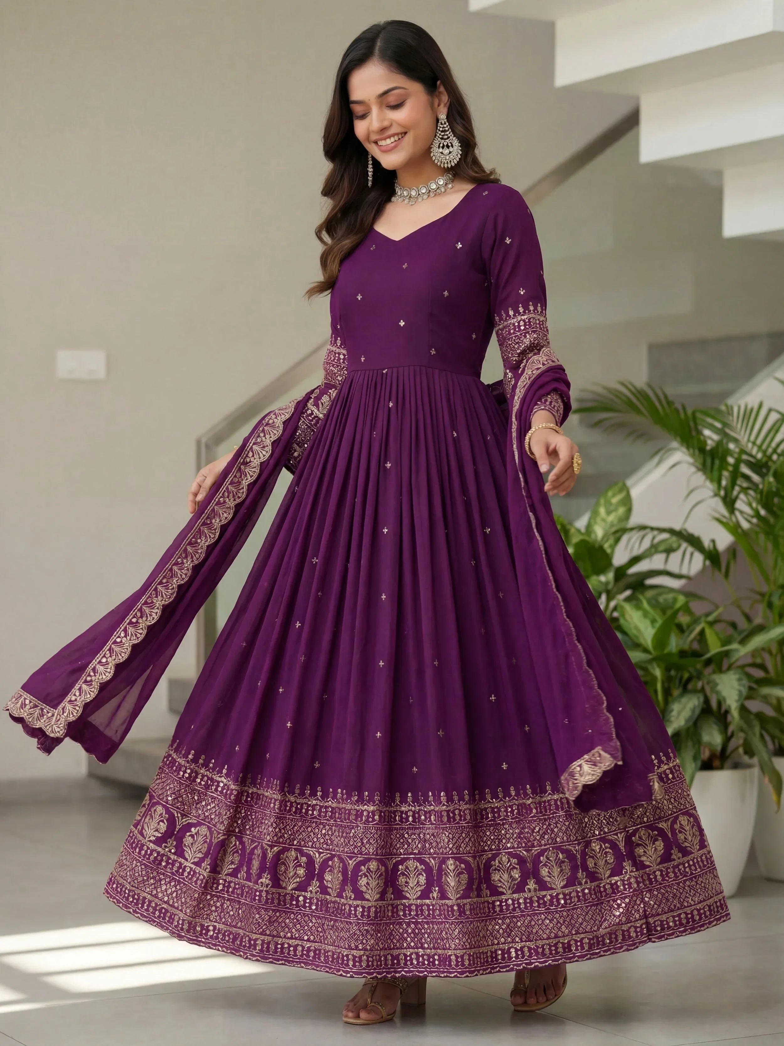 Purple Impressive Embroidered Silk Festive Wear Gown With Dupatta