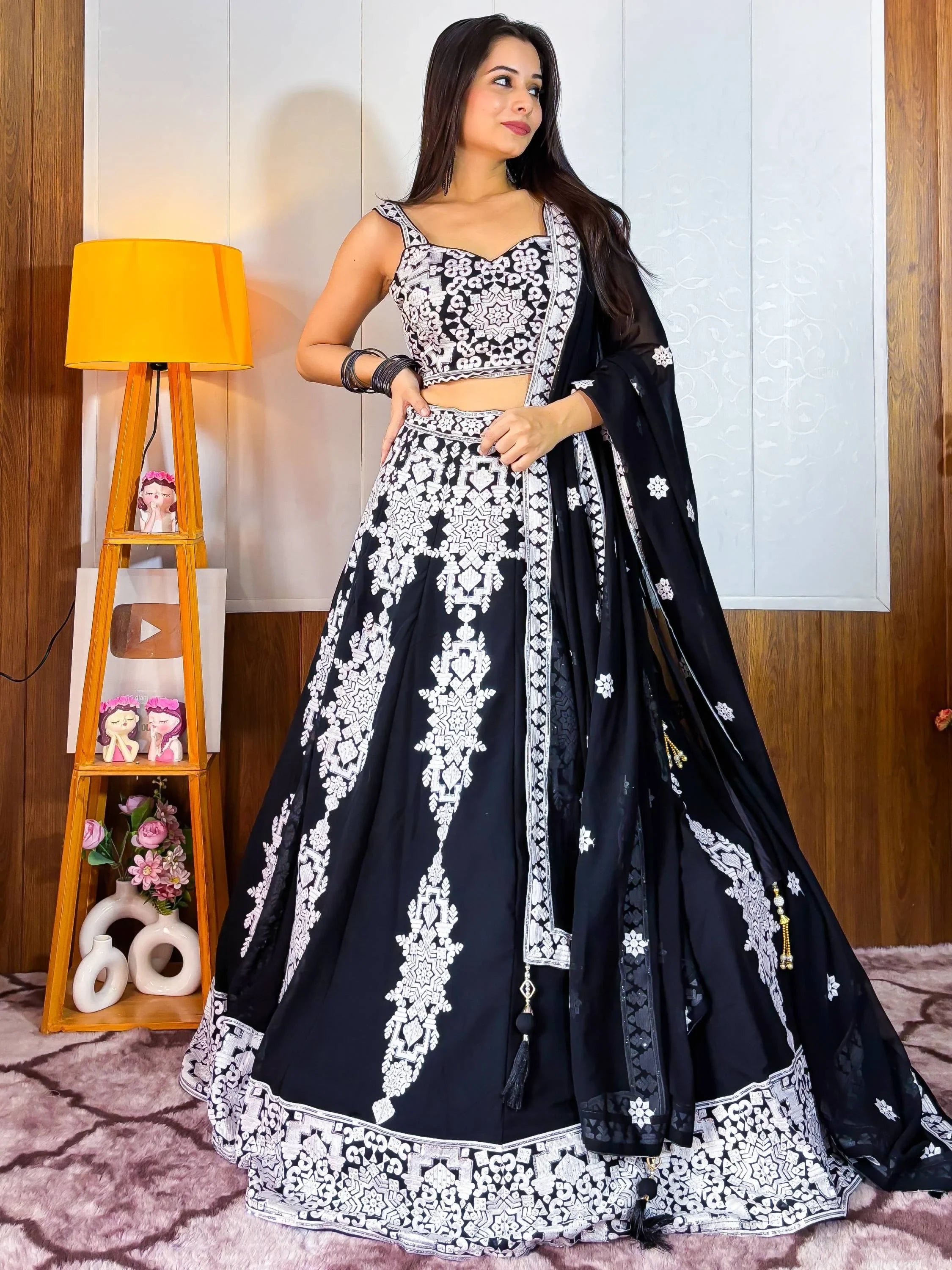 Prodigious Black Thread Embroidery Georgette Wedding Wear Lehenga Choli