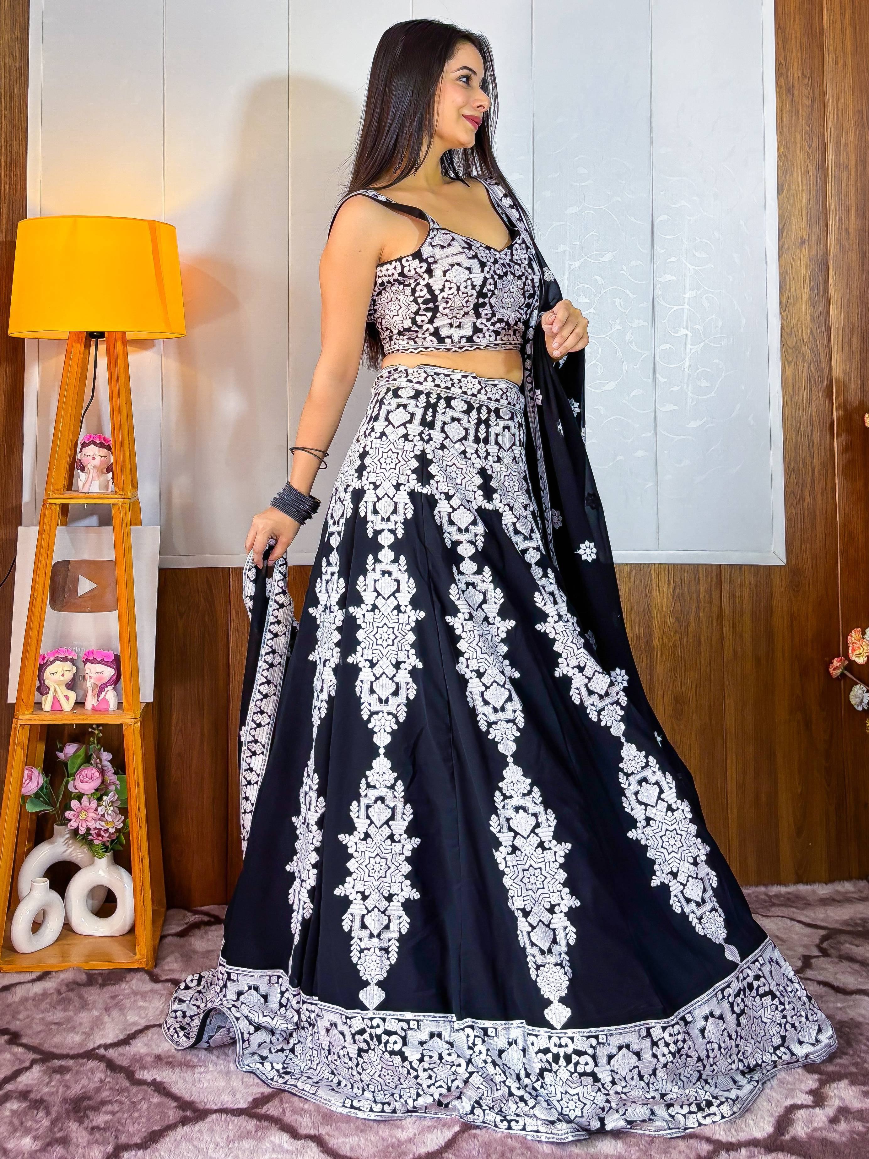 Prodigious Black Thread Embroidery Georgette Wedding Wear Lehenga Choli
