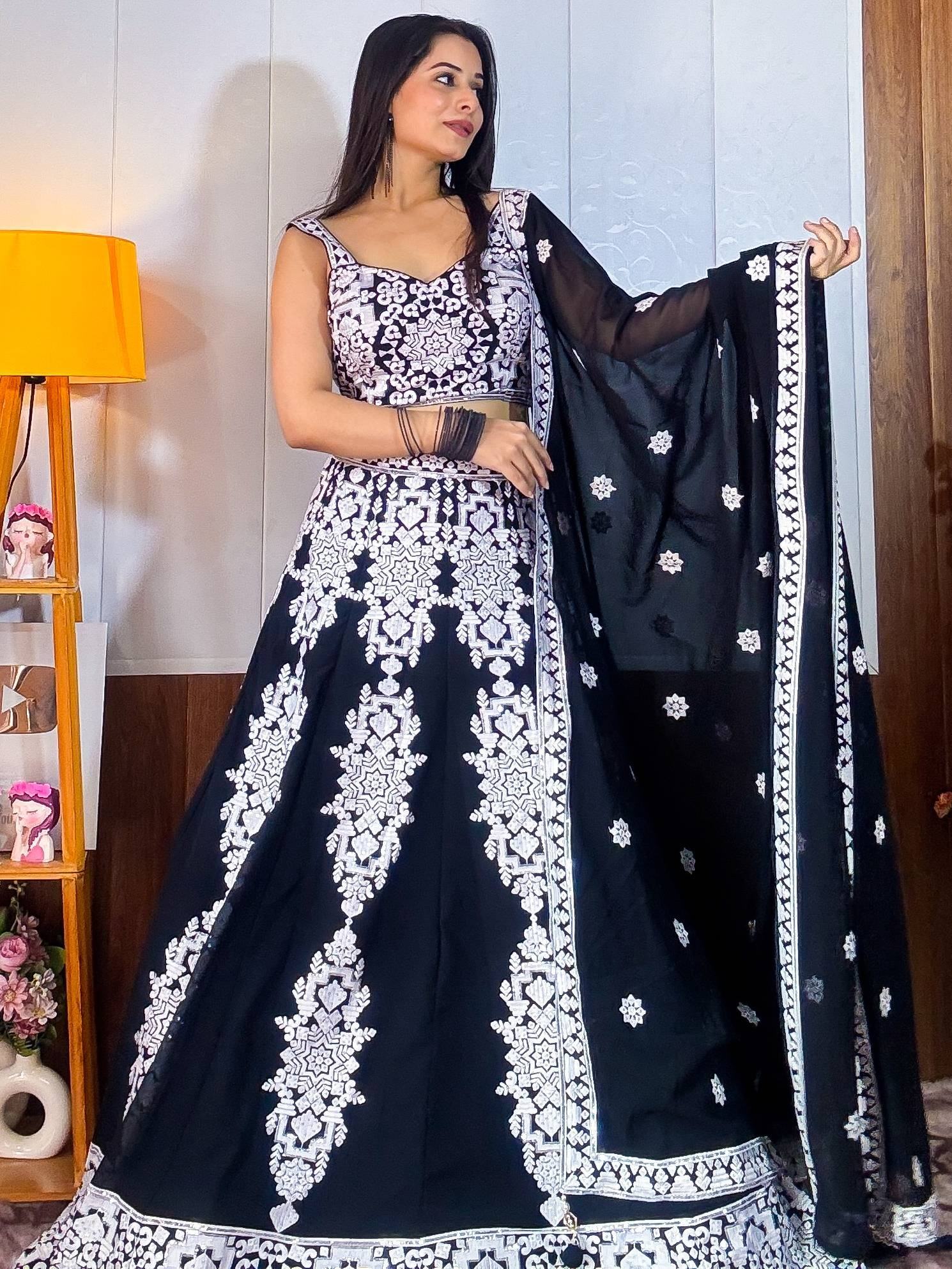Prodigious Black Thread Embroidery Georgette Wedding Wear Lehenga Choli