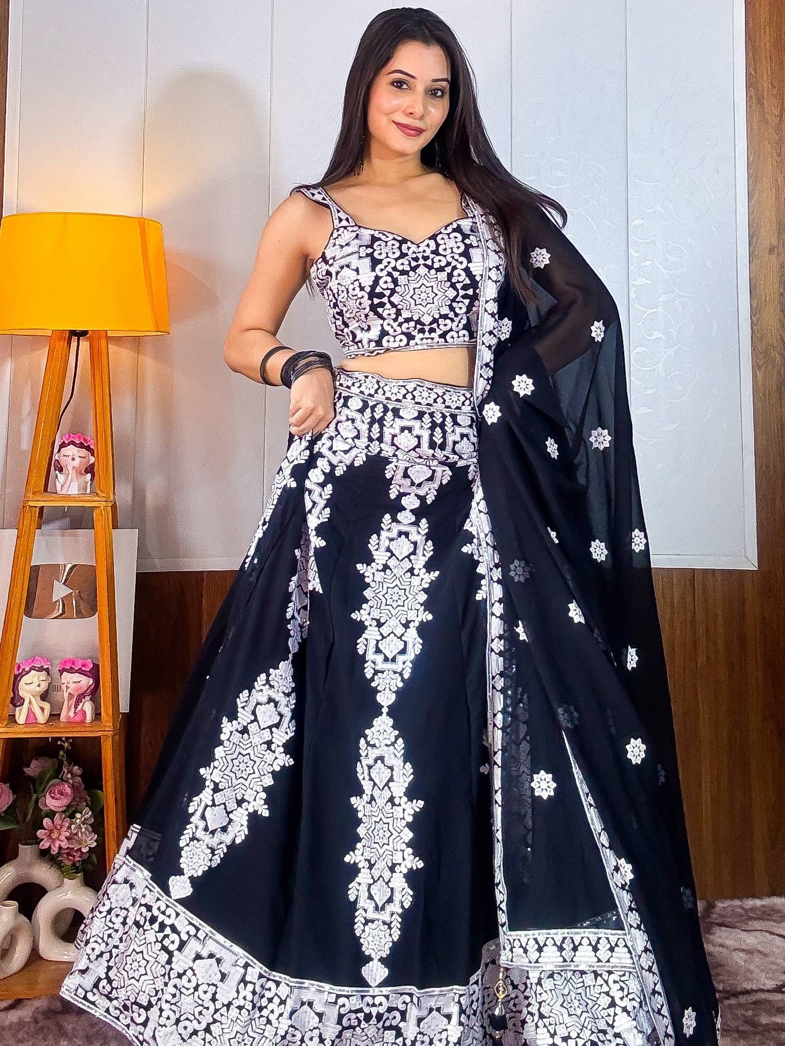 Prodigious Black Thread Embroidery Georgette Wedding Wear Lehenga Choli