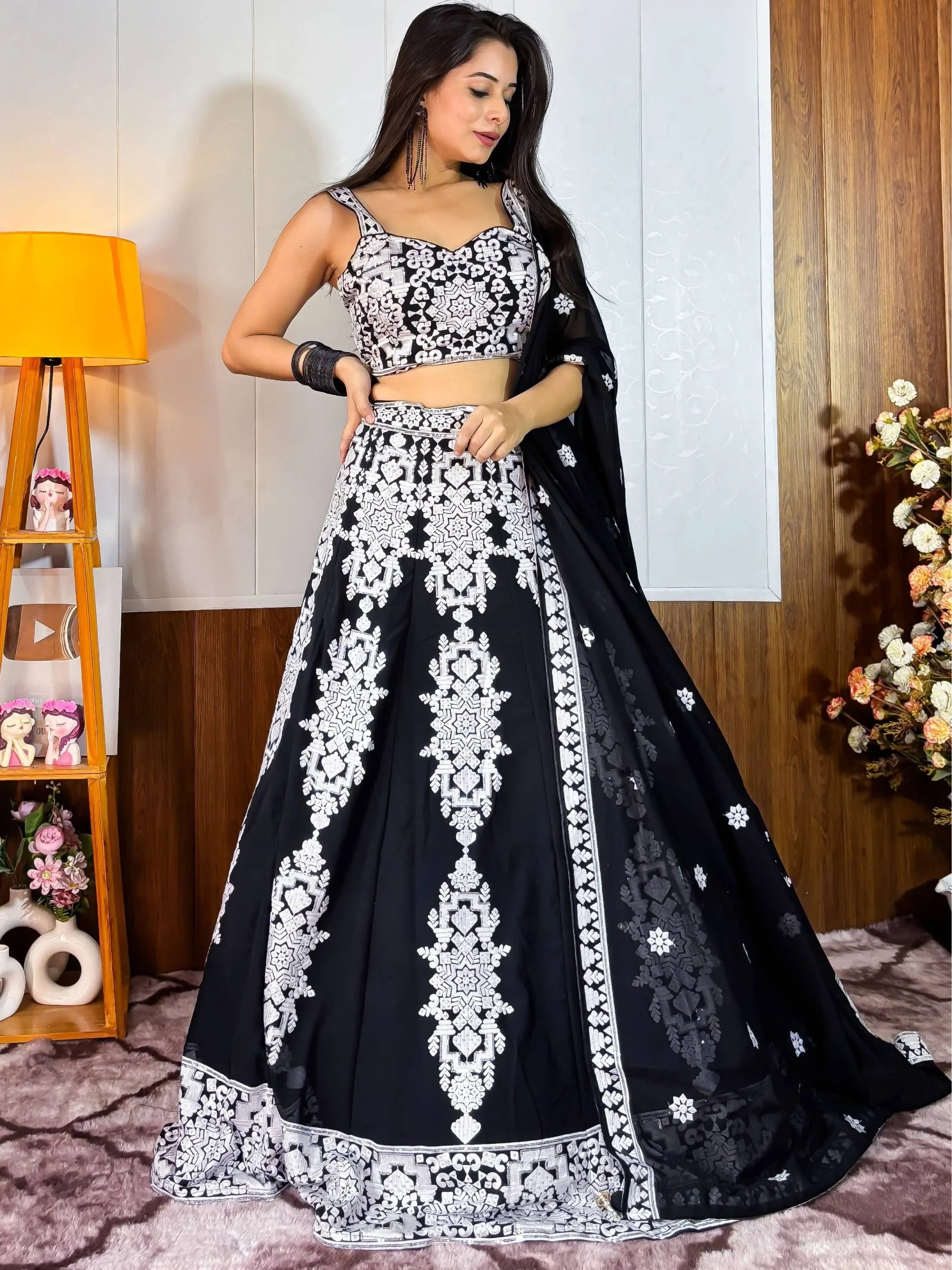 Prodigious Black Thread Embroidery Georgette Wedding Wear Lehenga Choli