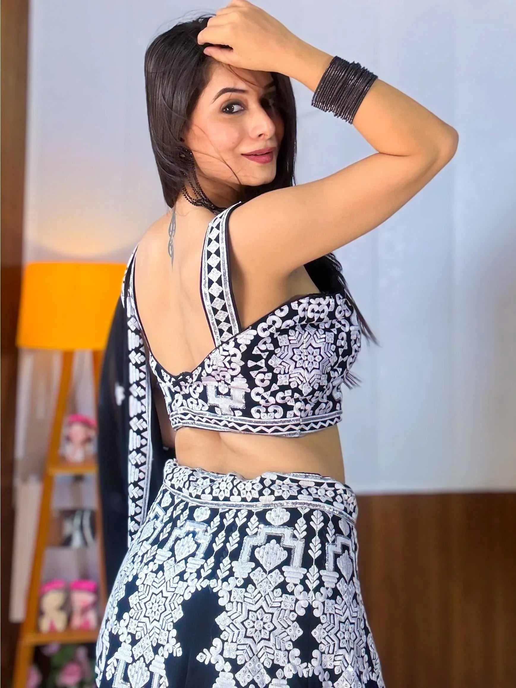 Prodigious Black Thread Embroidery Georgette Wedding Wear Lehenga Choli