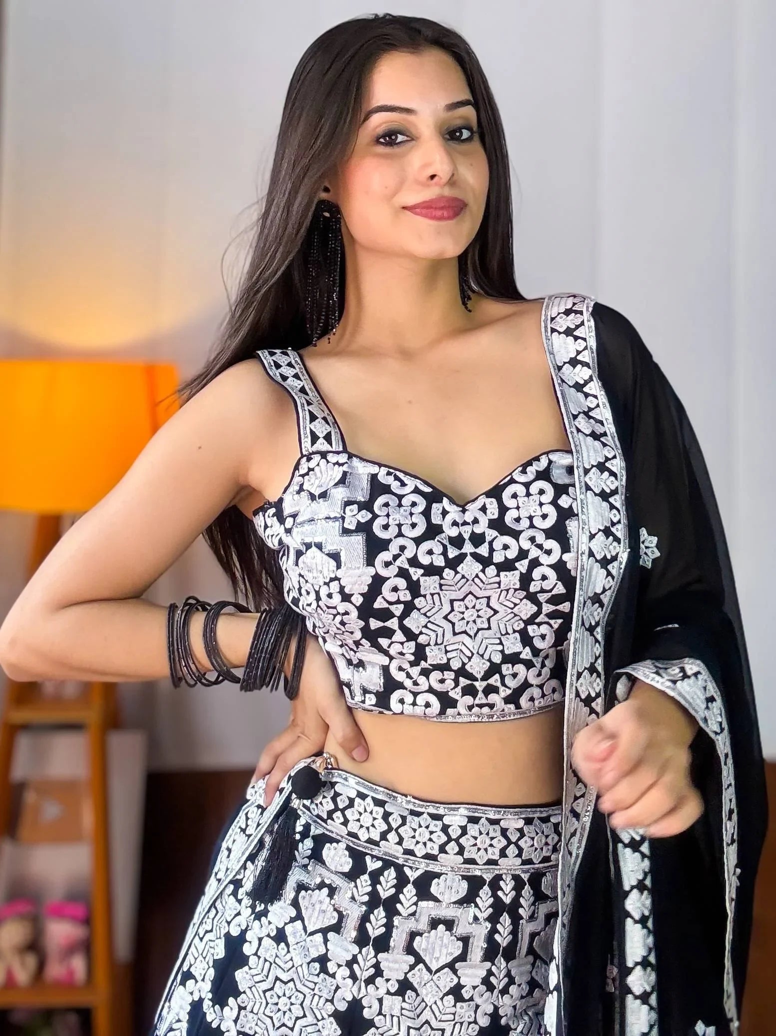 Prodigious Black Thread Embroidery Georgette Wedding Wear Lehenga Choli