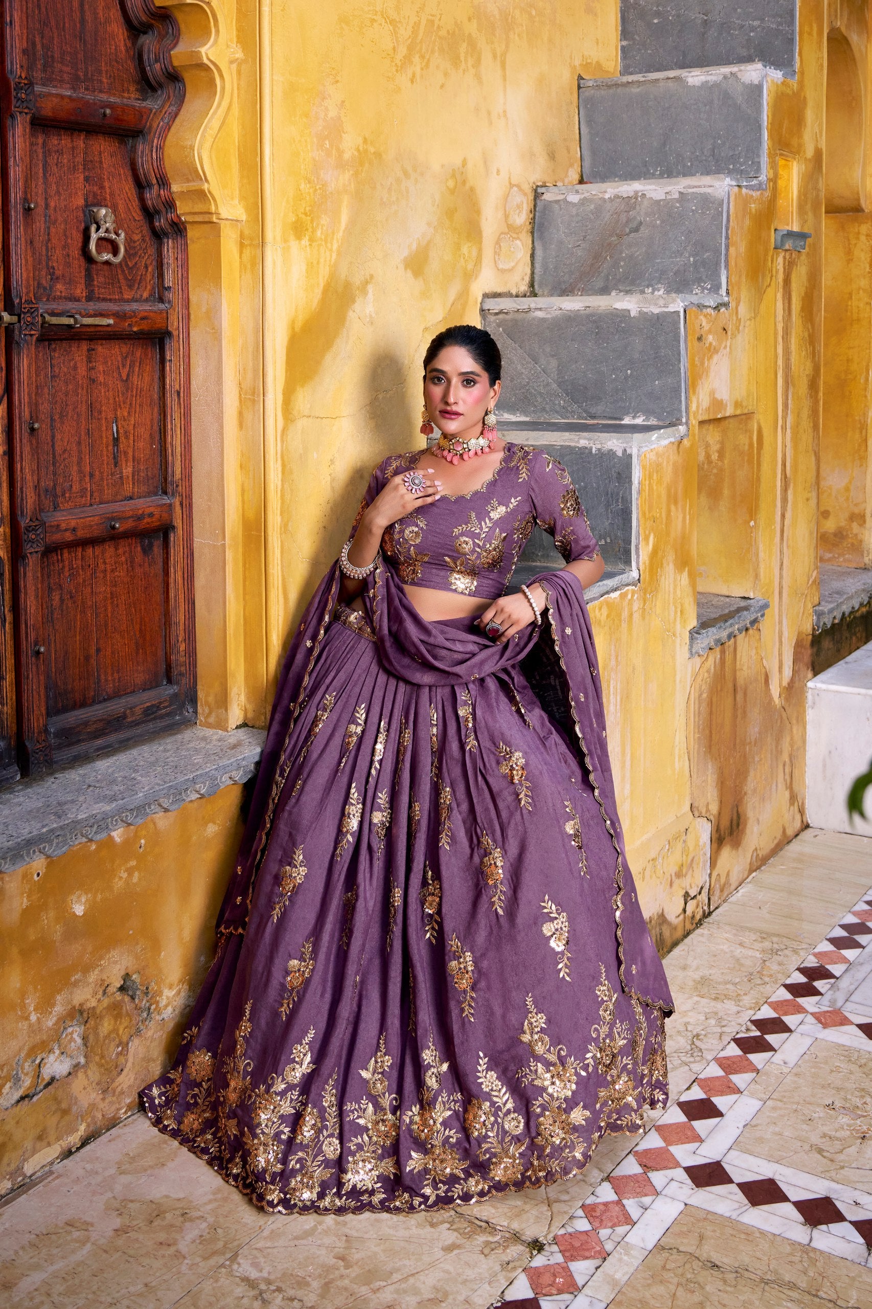 Purple Chocolate Crush Sequins and Thread Embroidered Lehenga Choli